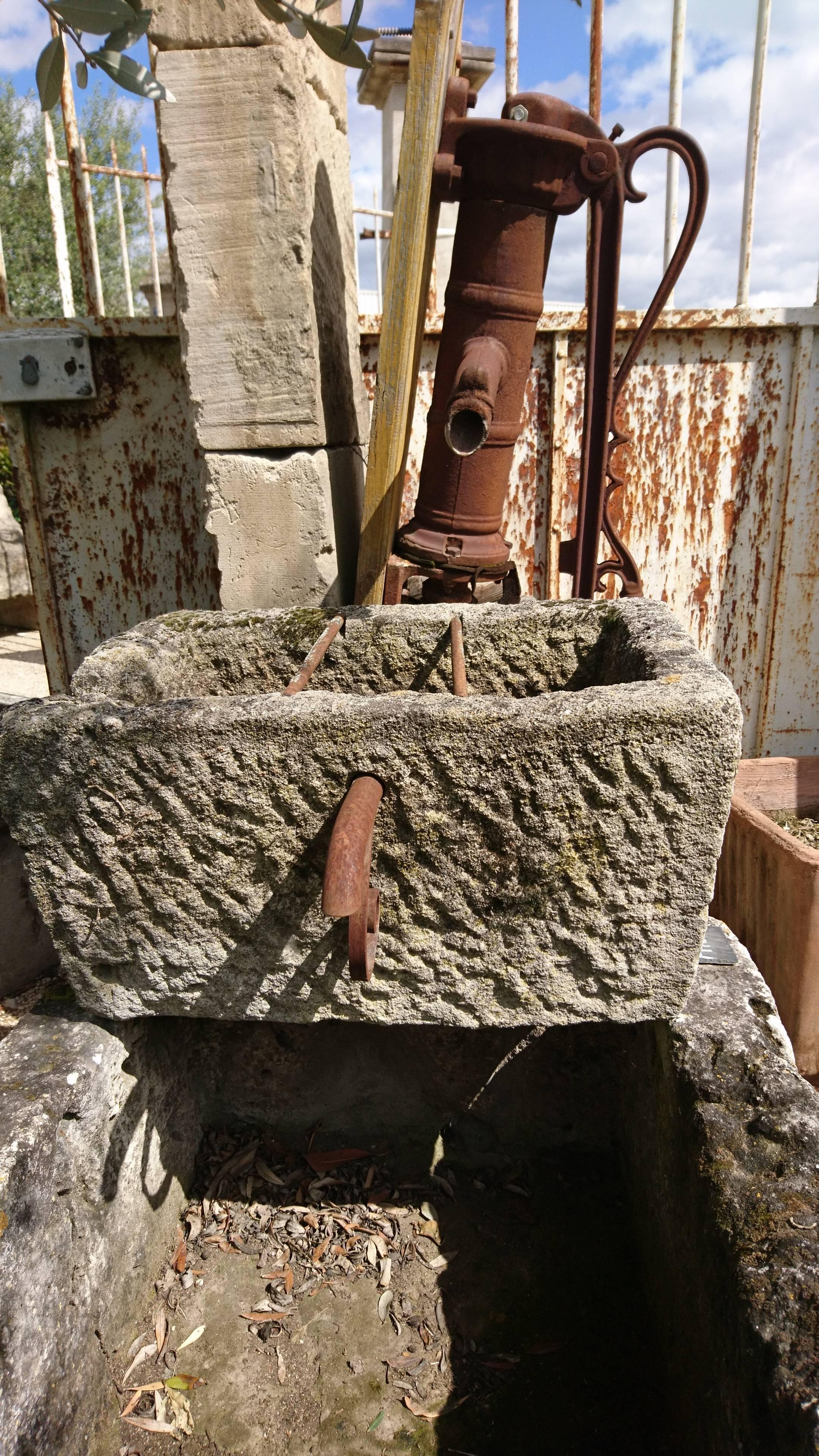 French Antique Stone Fountain with Two Monolithic Basins, Column and Manual Water Pump For Sale