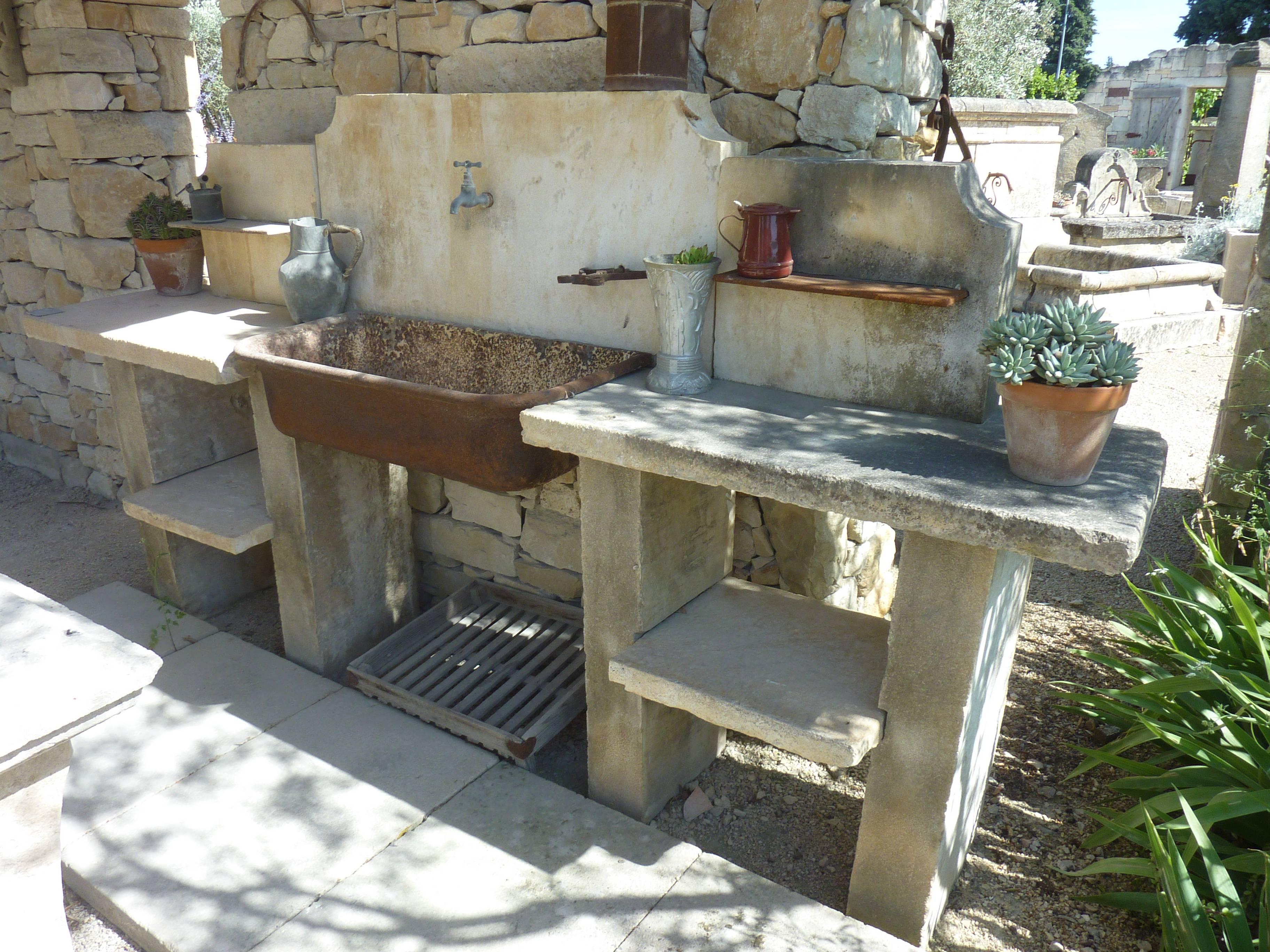 19th Century Antique Wrought Iron Sink on Legs with Stone Working Plans, Pediment & Ornaments For Sale