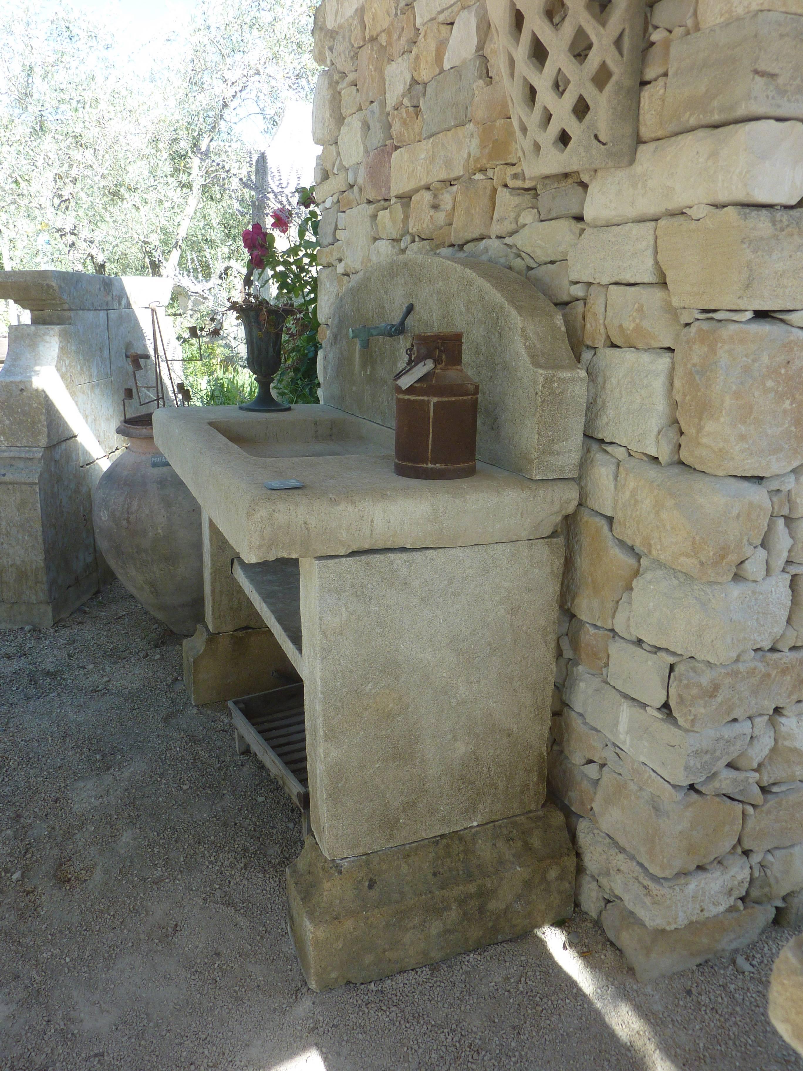 French Stone Summer Kitchen with Sink, Pediment, Legs and Shelf For Sale