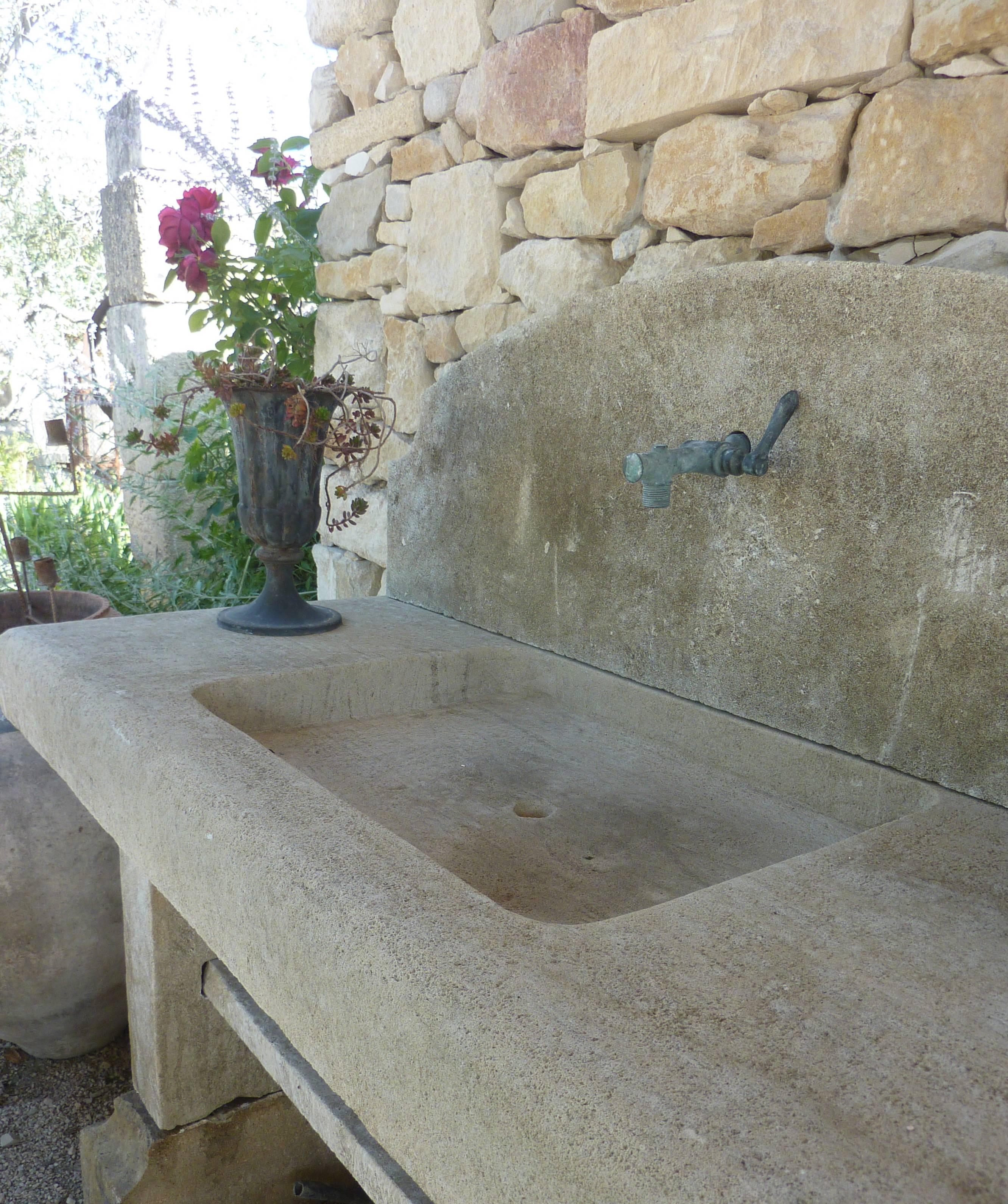 19th Century Stone Summer Kitchen with Sink, Pediment, Legs and Shelf For Sale