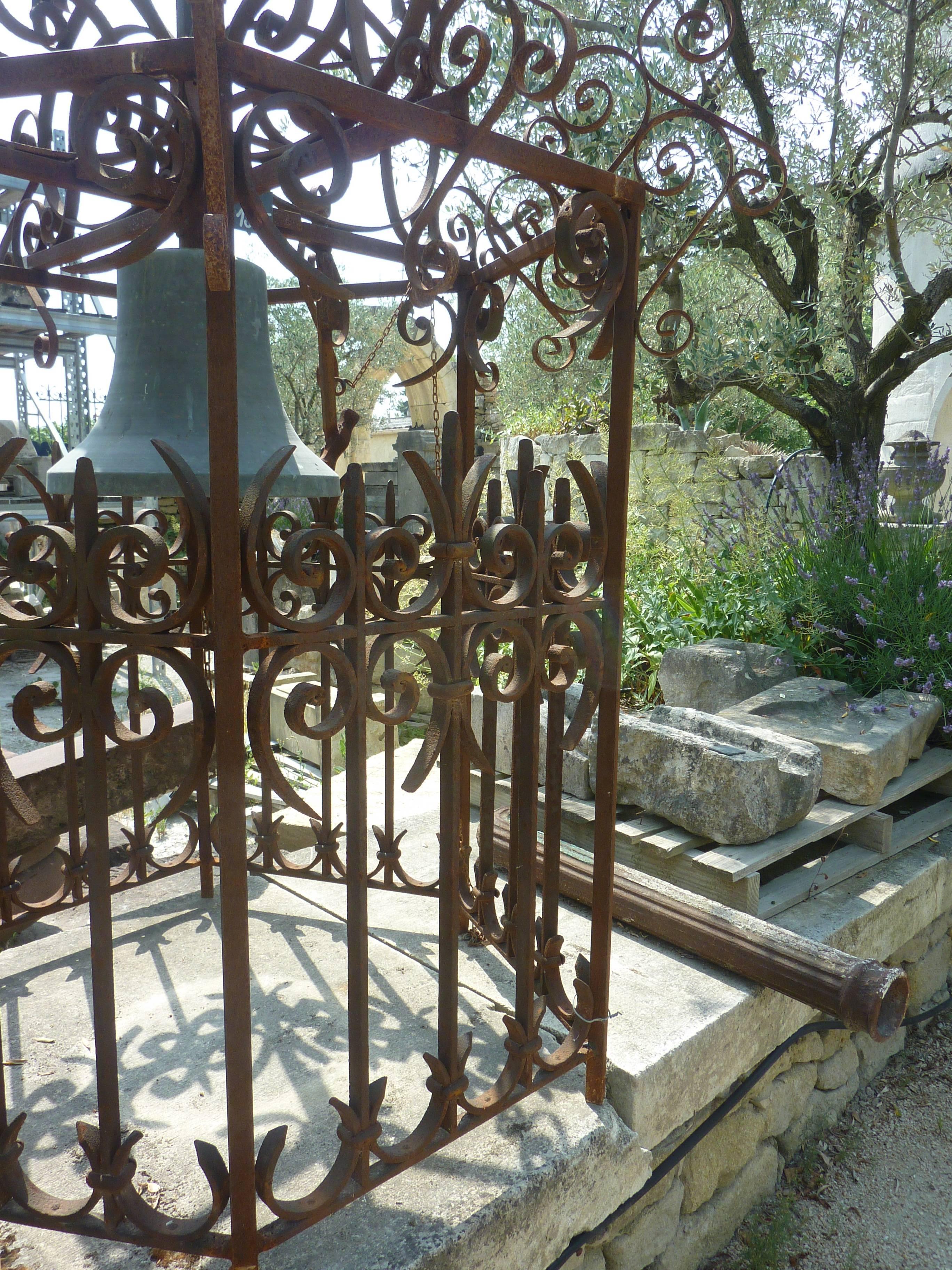 French Antique Cast Bronze Bell and Its Wrought-Iron Campanile Structure, Provence For Sale