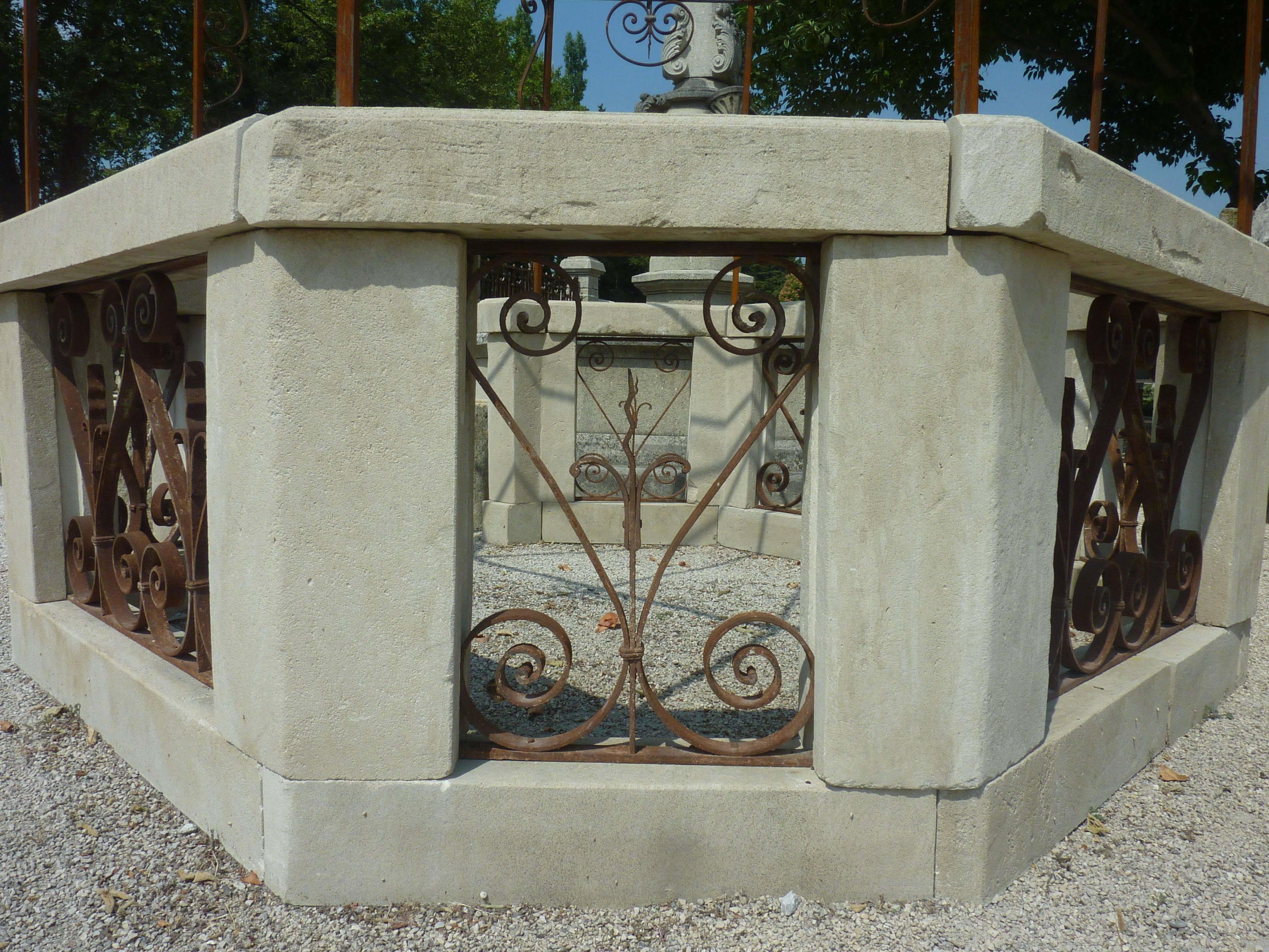 French Octagonal Garden Kiosk with Wrought Iron Grids and Limestone, Provence For Sale