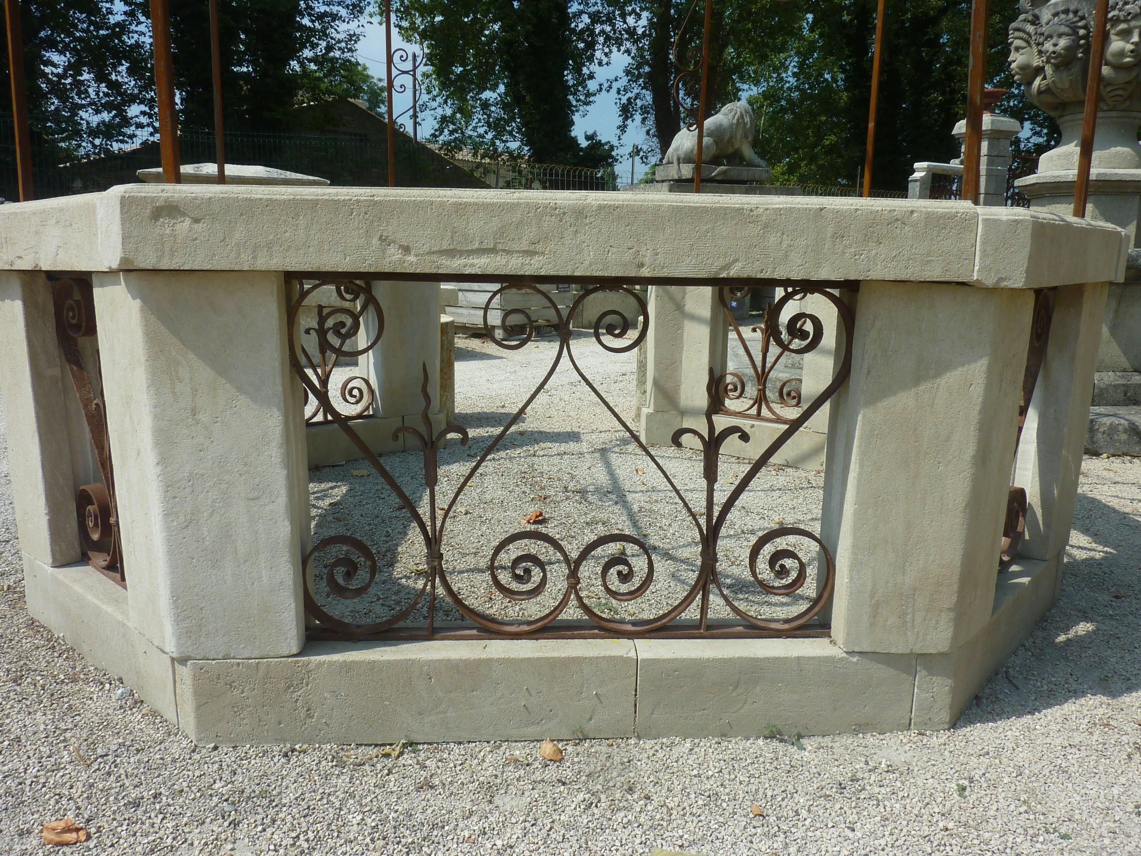 Hand-Carved Octagonal Garden Kiosk with Wrought Iron Grids and Limestone, Provence For Sale