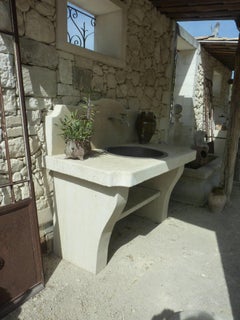 Stone Summer Kitchen with Large Antique Copper Sink, Legs and Pediment in Stone