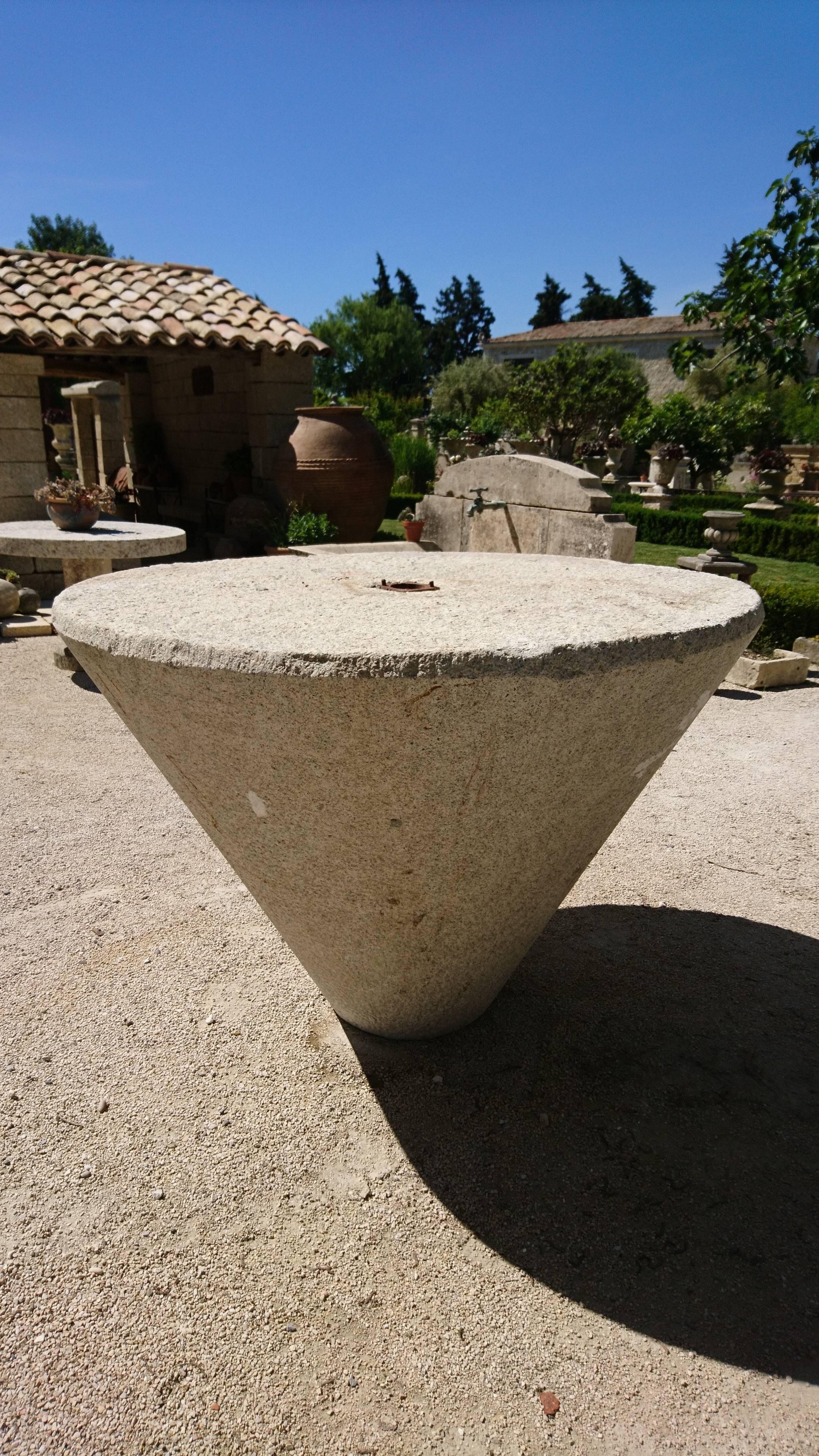 Hand-Carved Massive High Round Table in Aged and Patined Granite Stone For Sale
