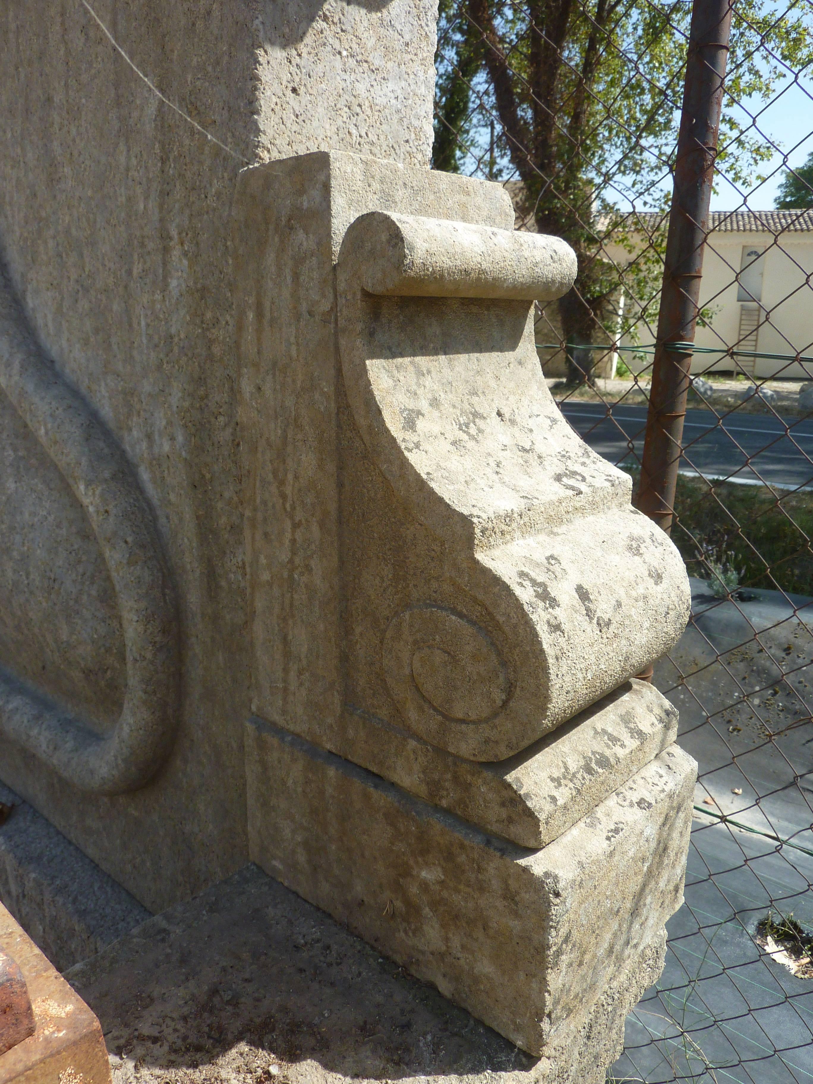 19th Century Large French Wall-Fountain in Natural Limestone with Three Water Spouts Provence