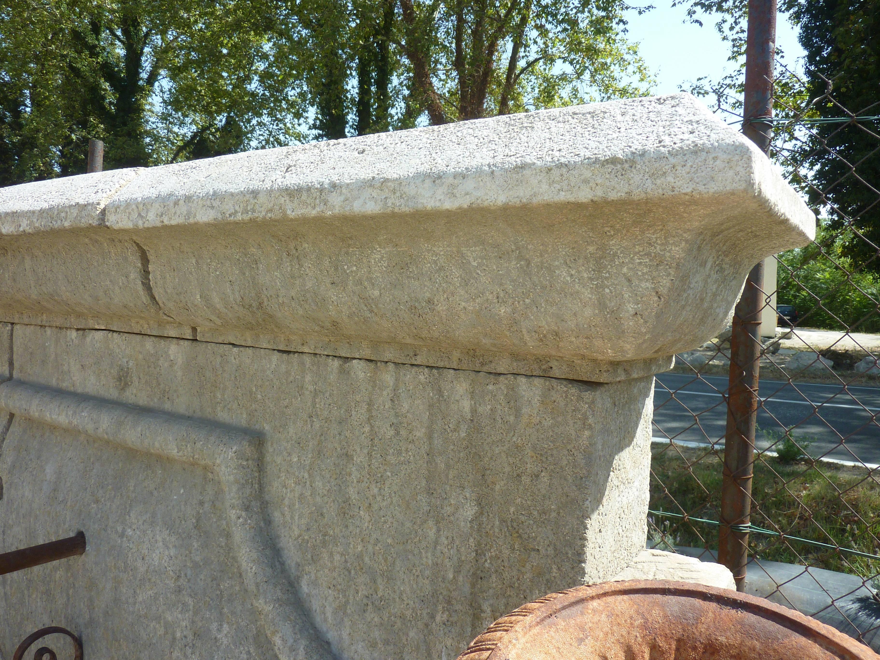 Large French Wall-Fountain in Natural Limestone with Three Water Spouts Provence 1