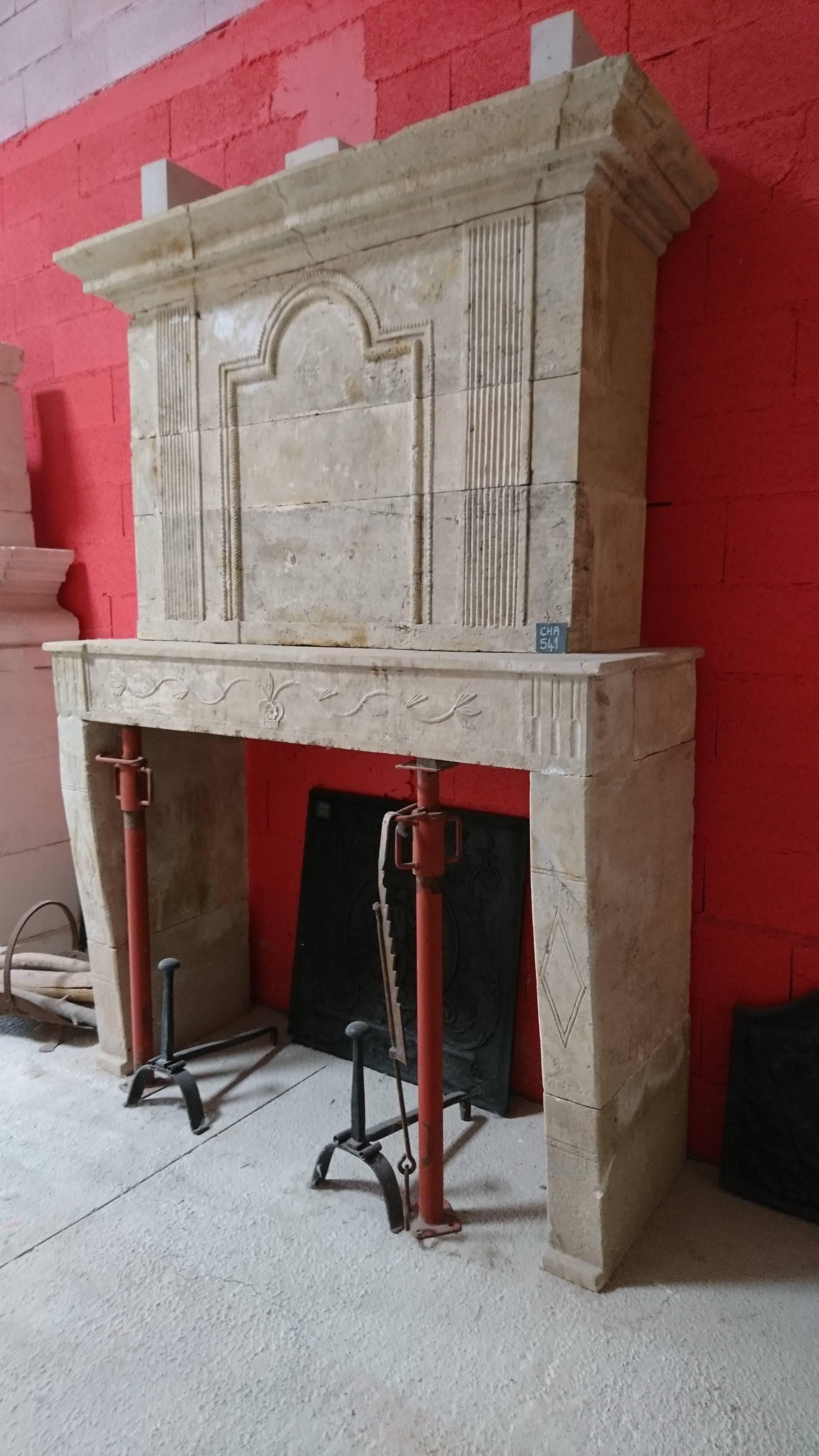 18th Century Louis XVI Fireplace with Trumeau in French Limestone, France For Sale 1