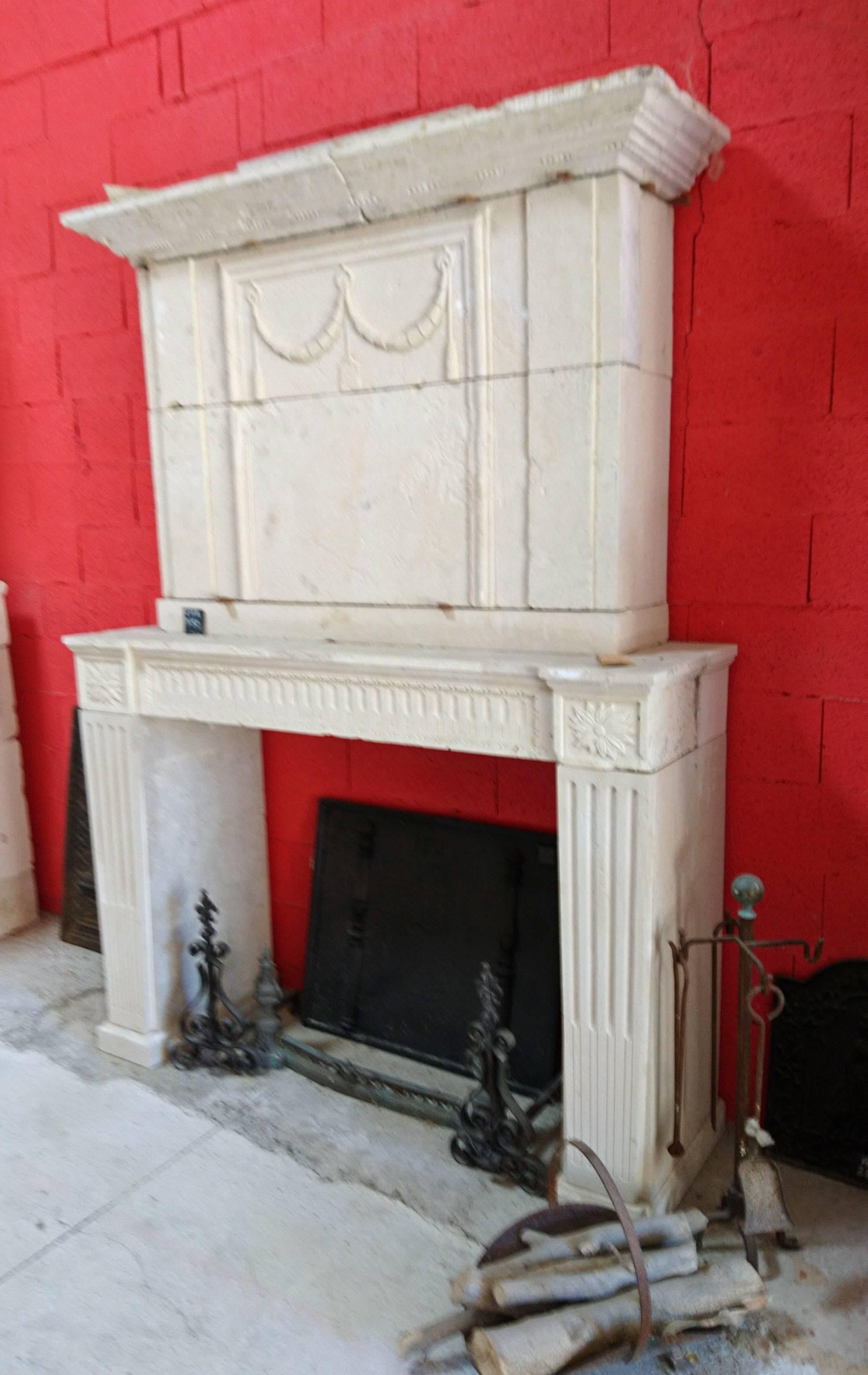 18th Century Louis XVI Fireplace with Trumeau Hand-Sculpted in Stone, France For Sale 1