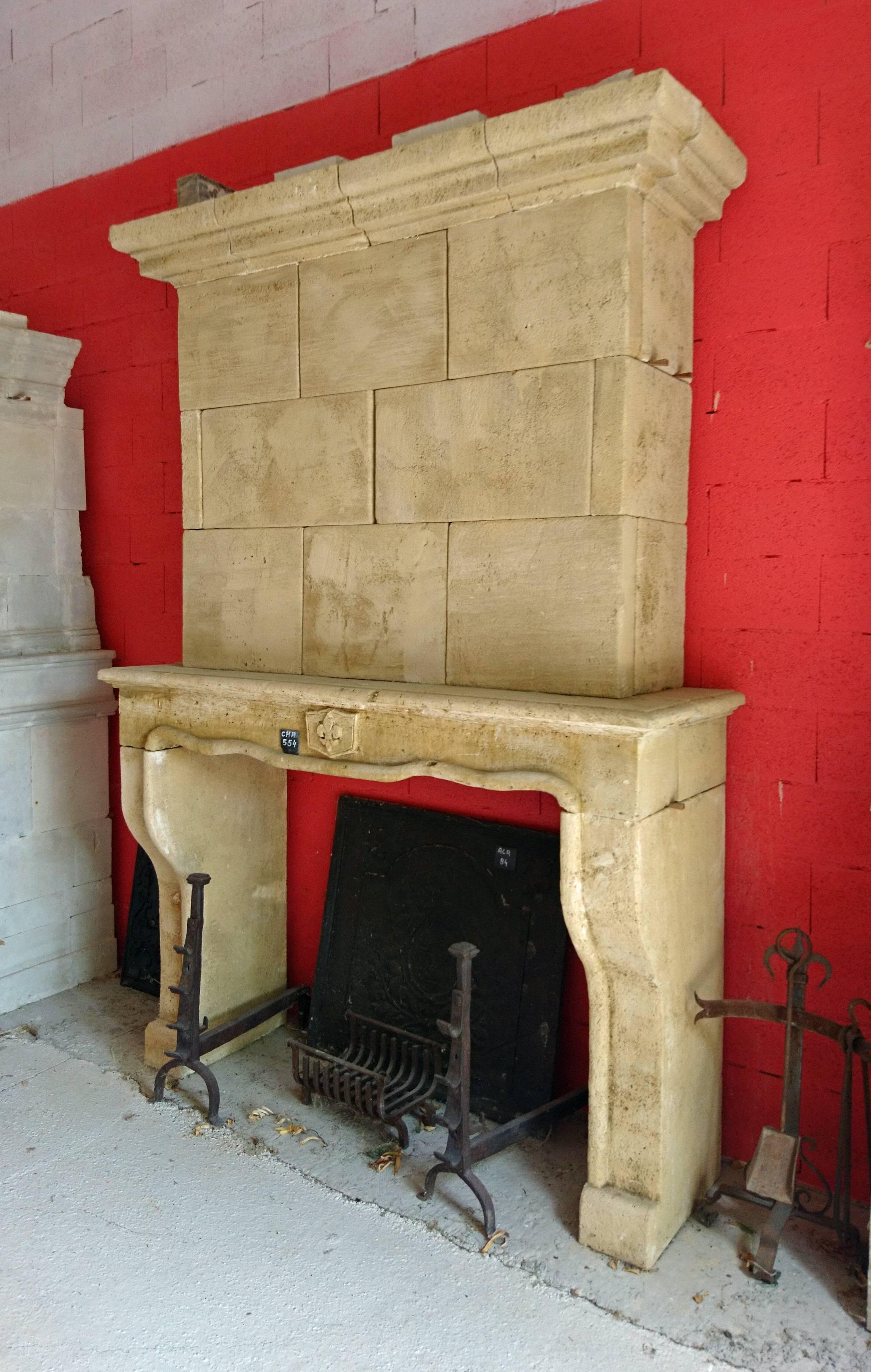 18th Century Louis XV Stone Fireplace with Trumeau and Sculpted Fleur-de-Lis In Good Condition For Sale In Isle sur la Sorgue, FR