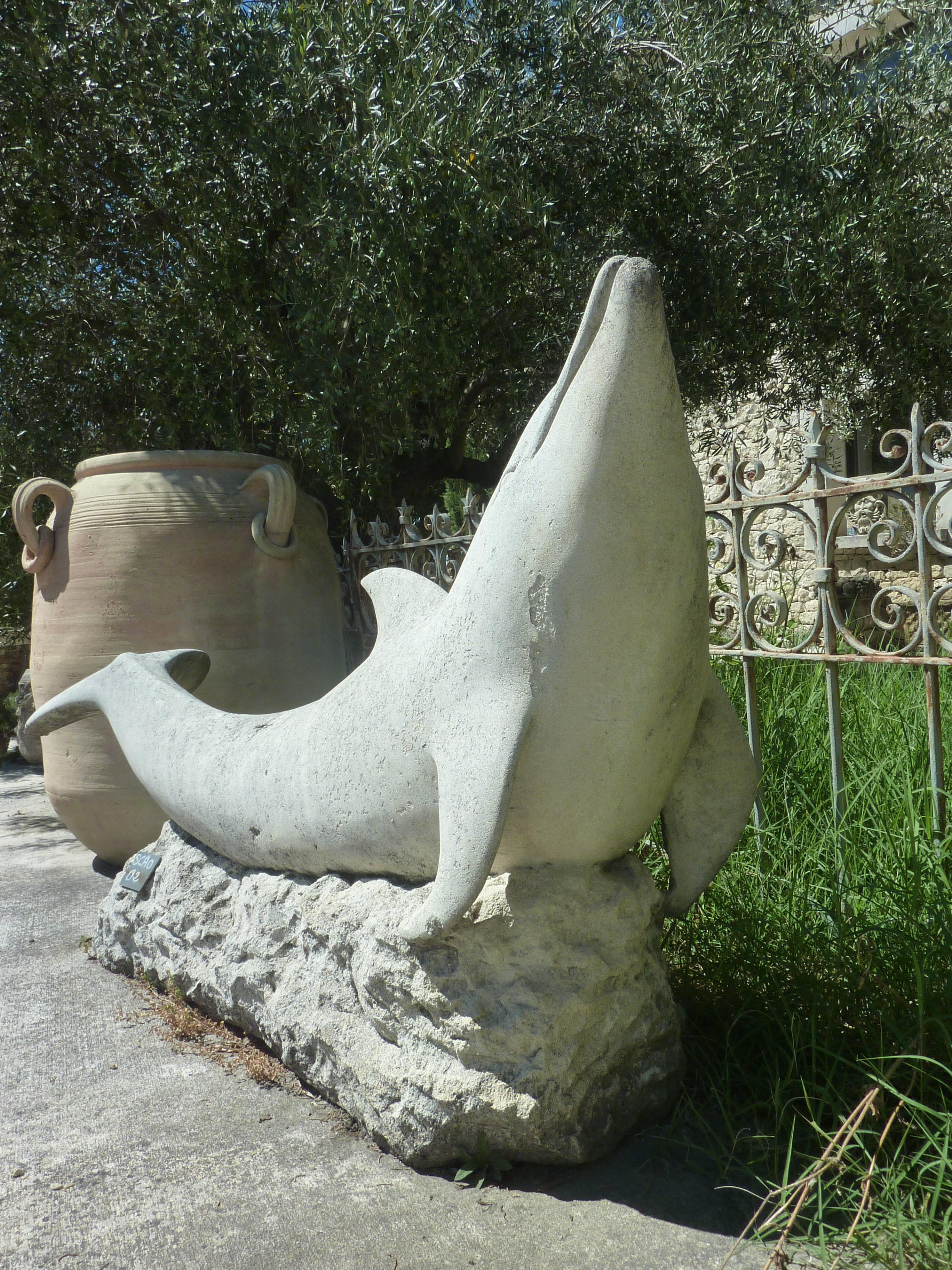 Hand-Carved 20th Century Hand-Sculpted Dolphin in French Natural Limestone, Provence For Sale