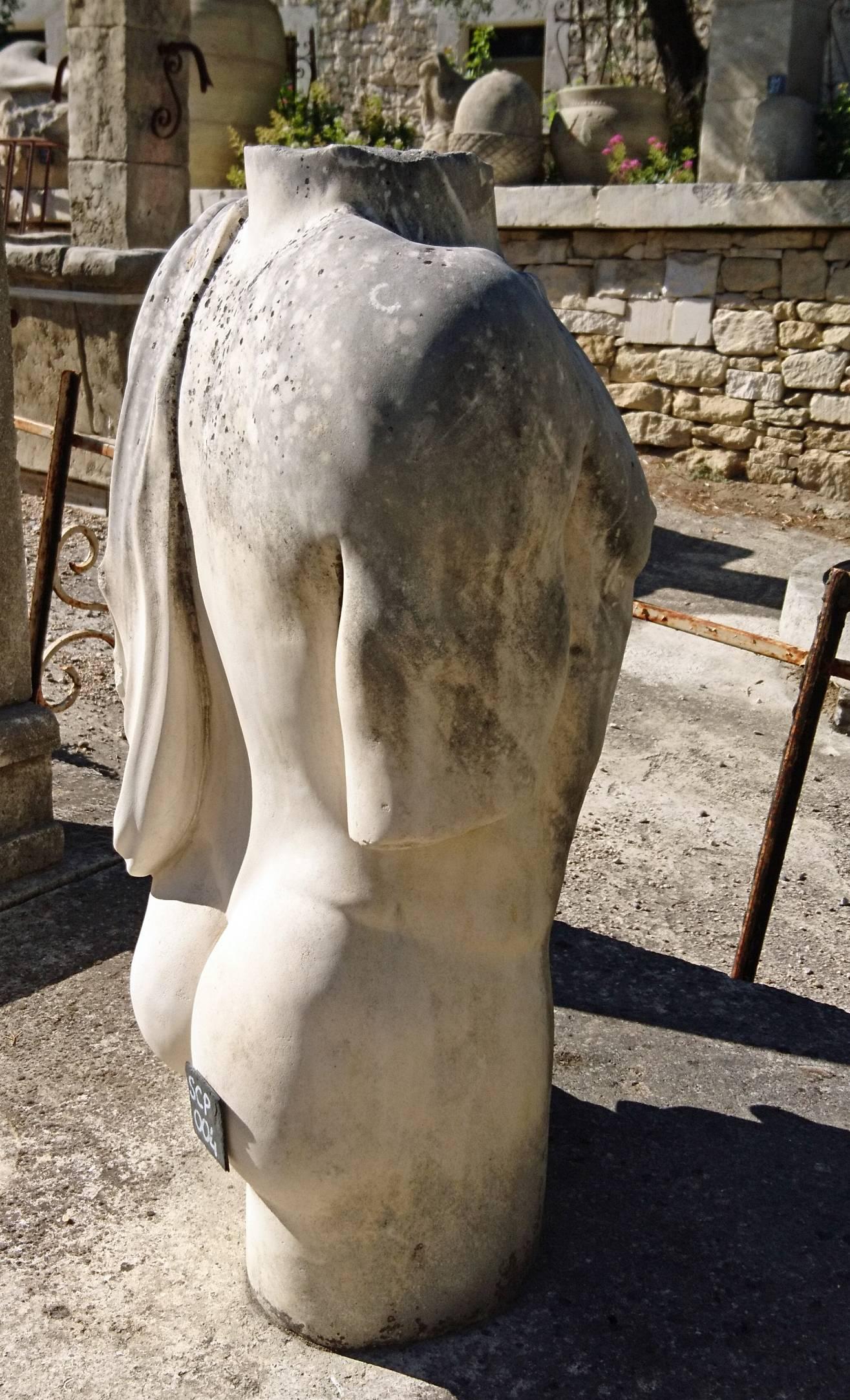 Of Roman inspiration, this garden sculpture has been hand-carved into a white hard natural stone. Nicely weathered by time, this stone statue represents a nude male's torso.

Ideal to decorate your garden with a unique and original stone statue!