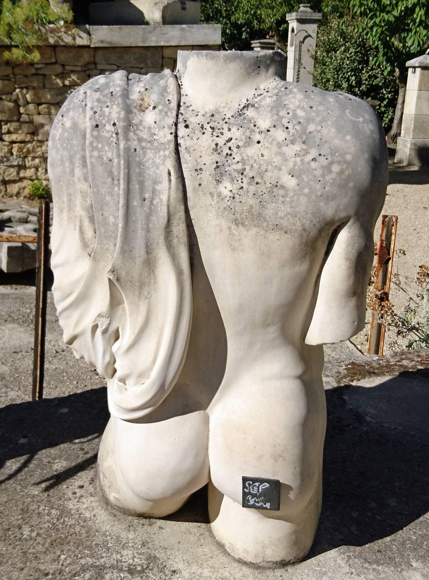 French Hand-Carved Sculpture in Stone, Nude Man's Torso Provence, France For Sale
