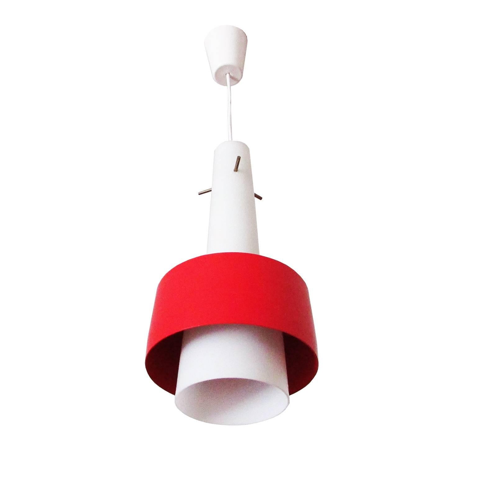 Opaline and red metal hanging lamp, made in Switzerland, circa 1950.
 