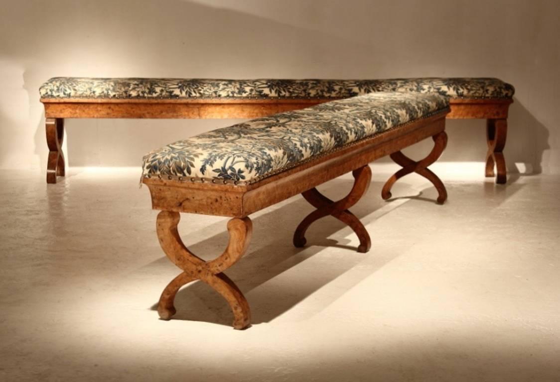 Wonderful pair of French early 19th century burr elm benches.

 