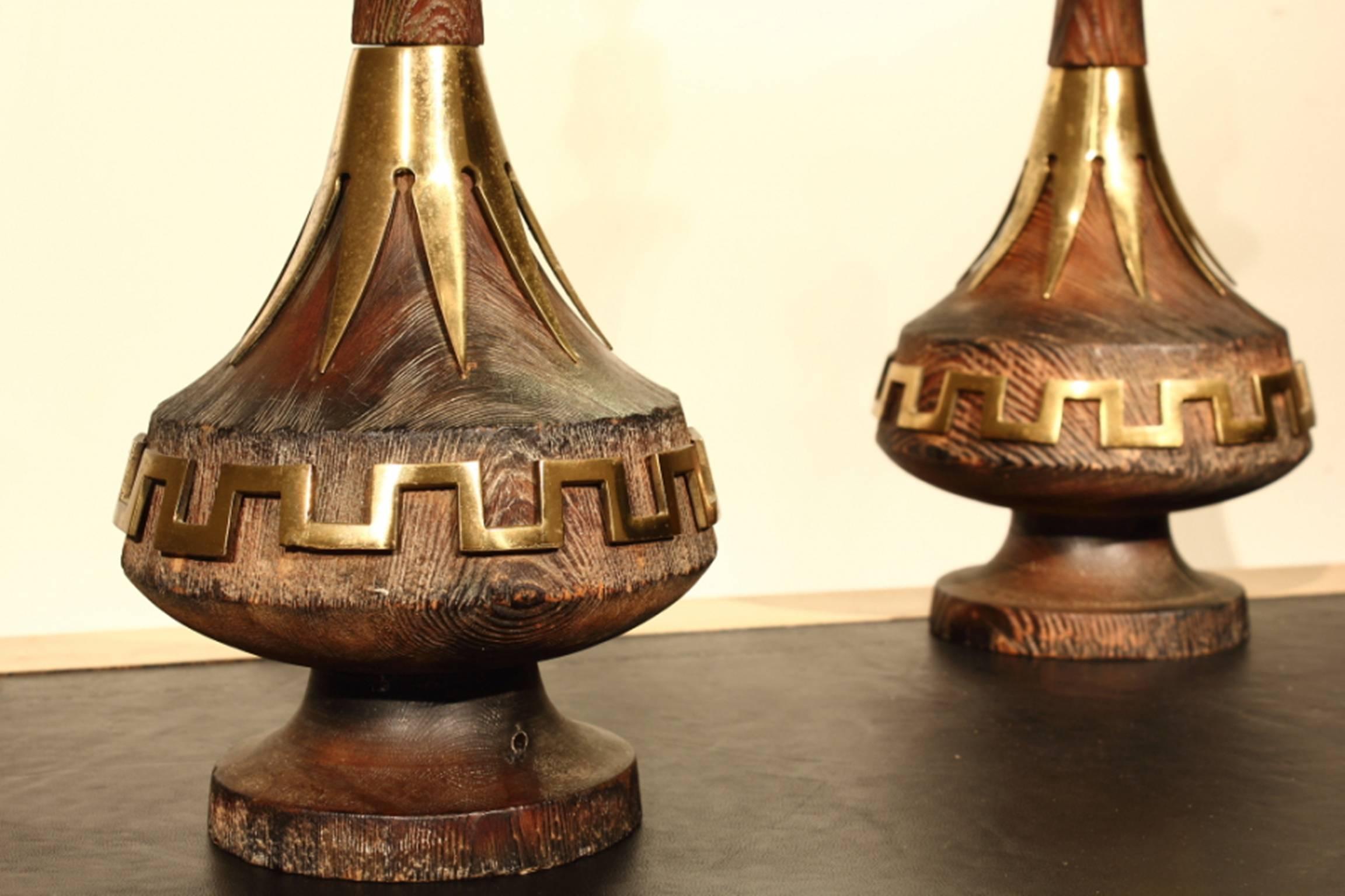 Pair of 1960s Wood and Brass Lamps In Excellent Condition In Husbands Bosworth, Leicestershire