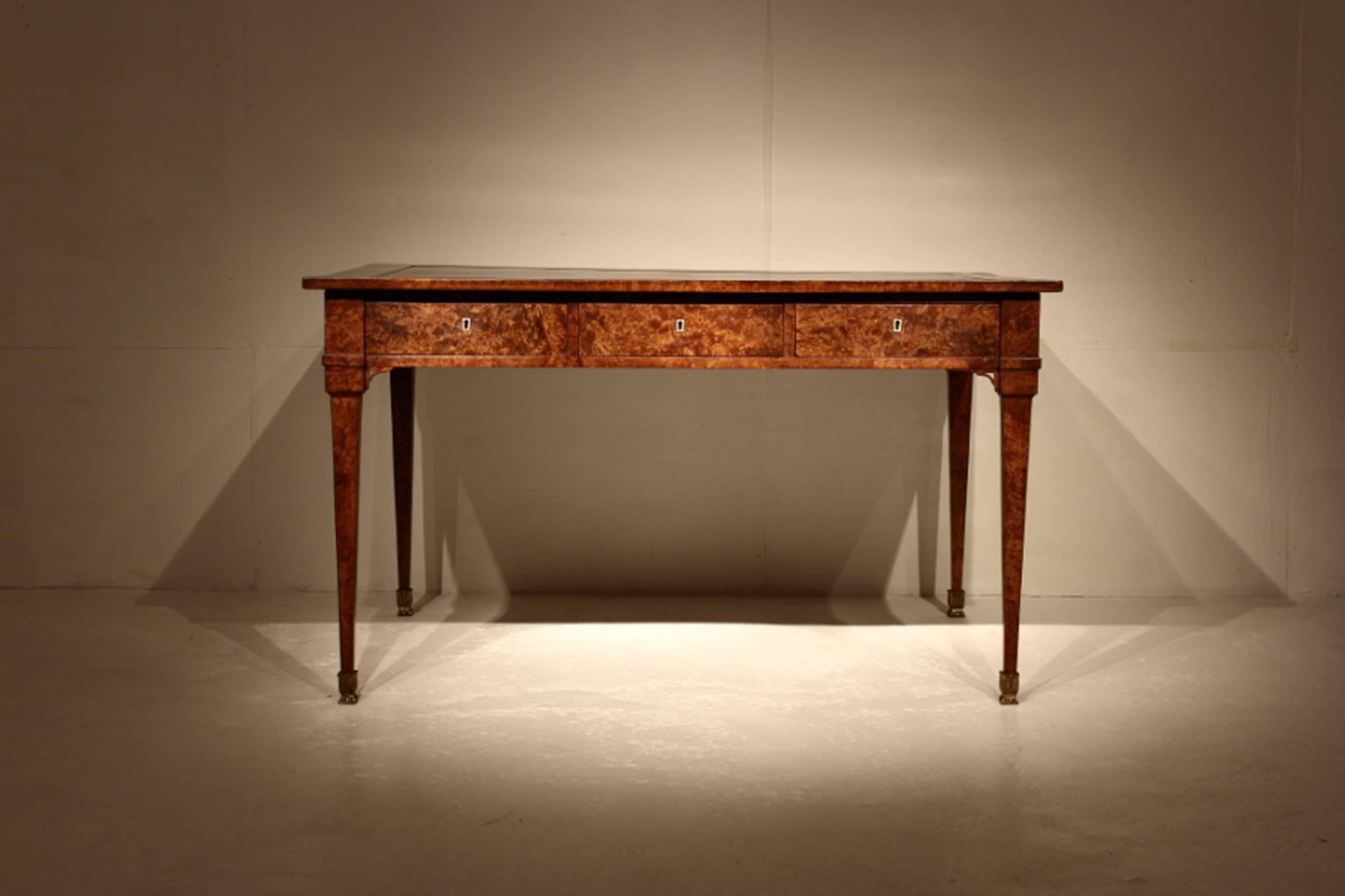 19th century burr birch Italian writing desk. Nice timber, nice leather, good size and with drawers both sides, circa 1840

 