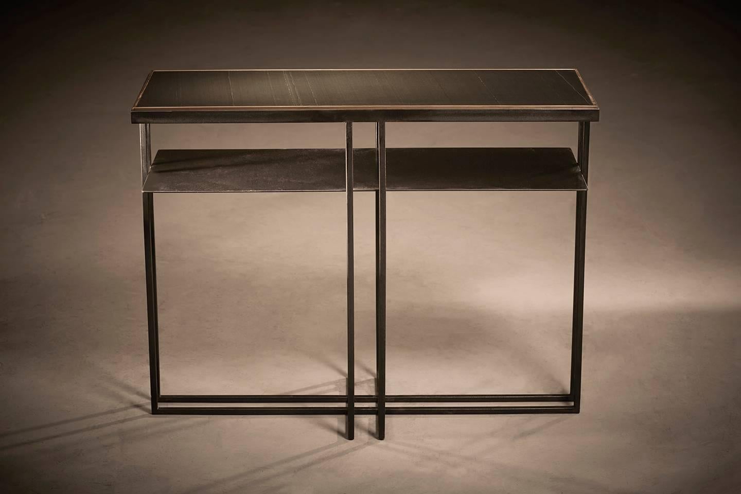 Art Deco Cross Binate Console Table —Small — Blackened Steel Frame — Honed Cumbrian Slate For Sale
