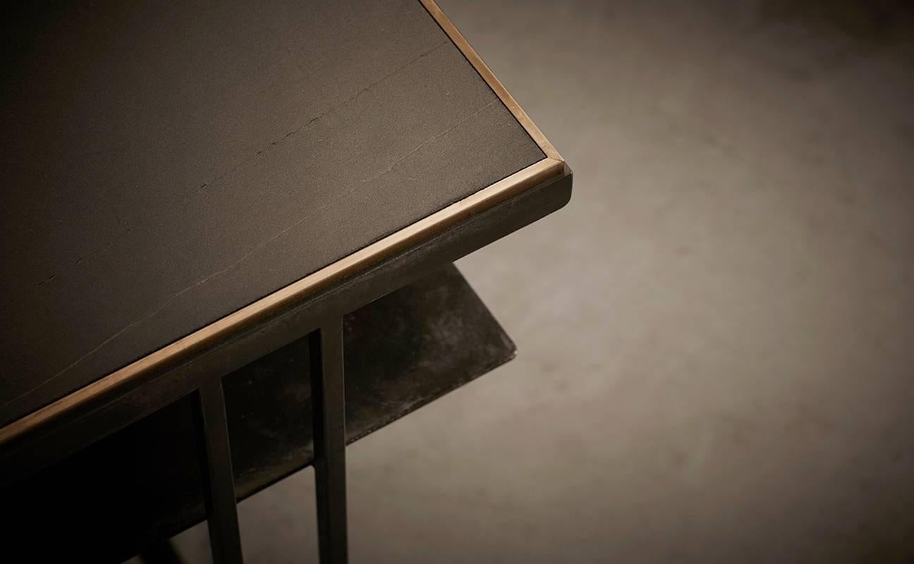 Hand-Crafted Cross Binate Console Table —Small — Blackened Steel Frame — Honed Cumbrian Slate For Sale