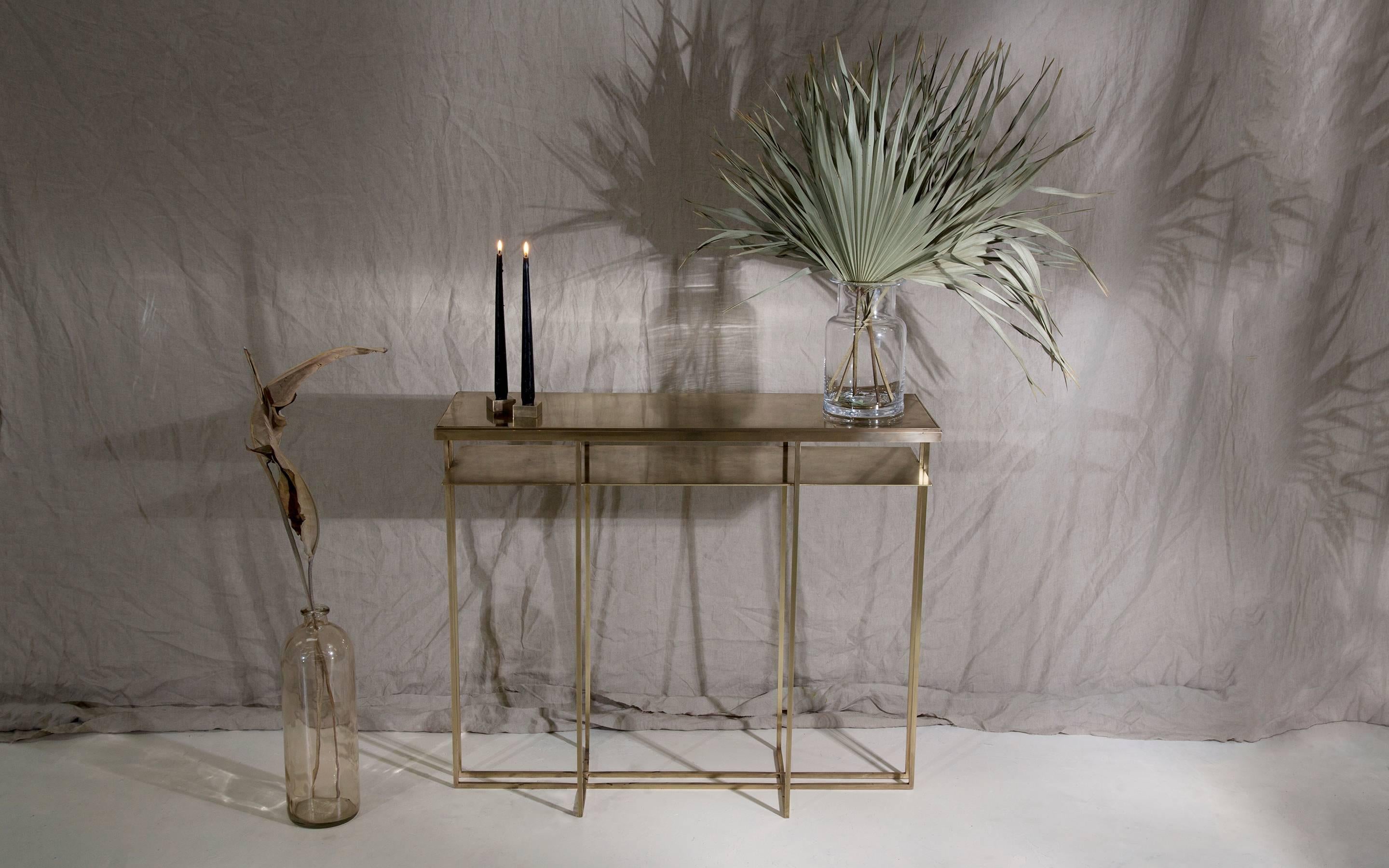 Sheet Metal Cross Binate Console Table — Small —  All Patinated Brass — Made in Britain For Sale