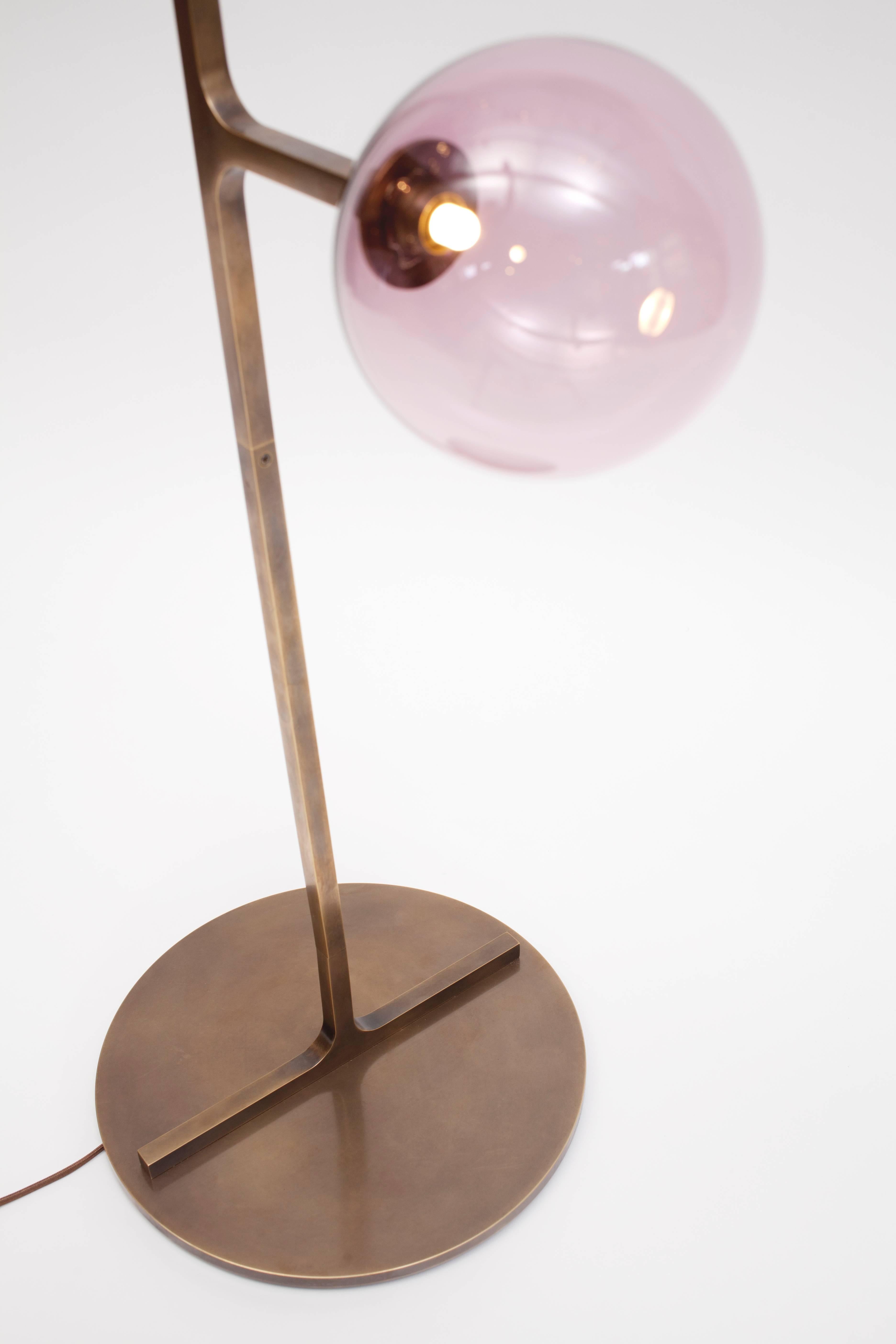 American HELIX Floor Lamp - Pink hand blown glass, light patinated brass