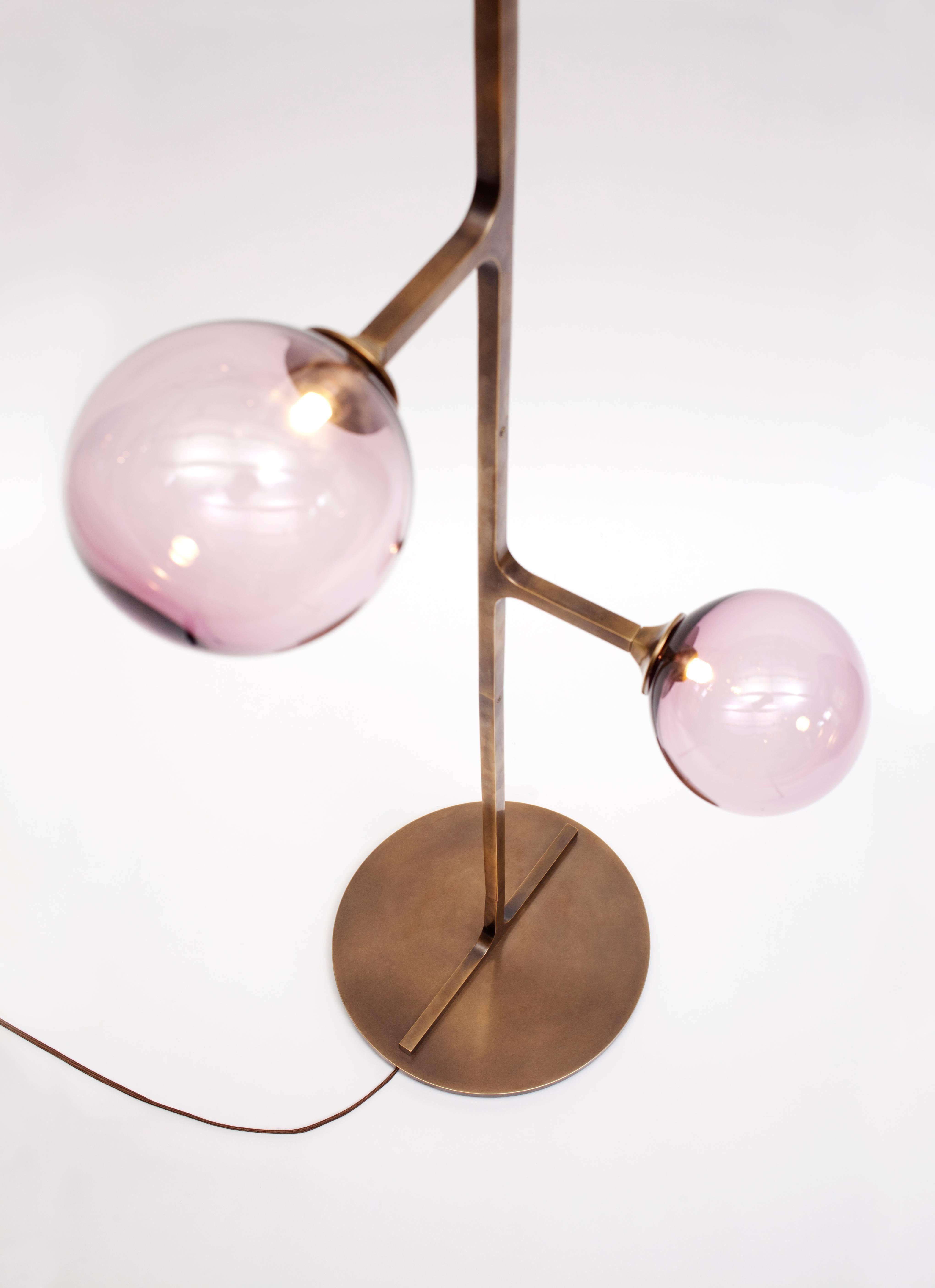 Patinated HELIX Floor Lamp - Pink hand blown glass, light patinated brass