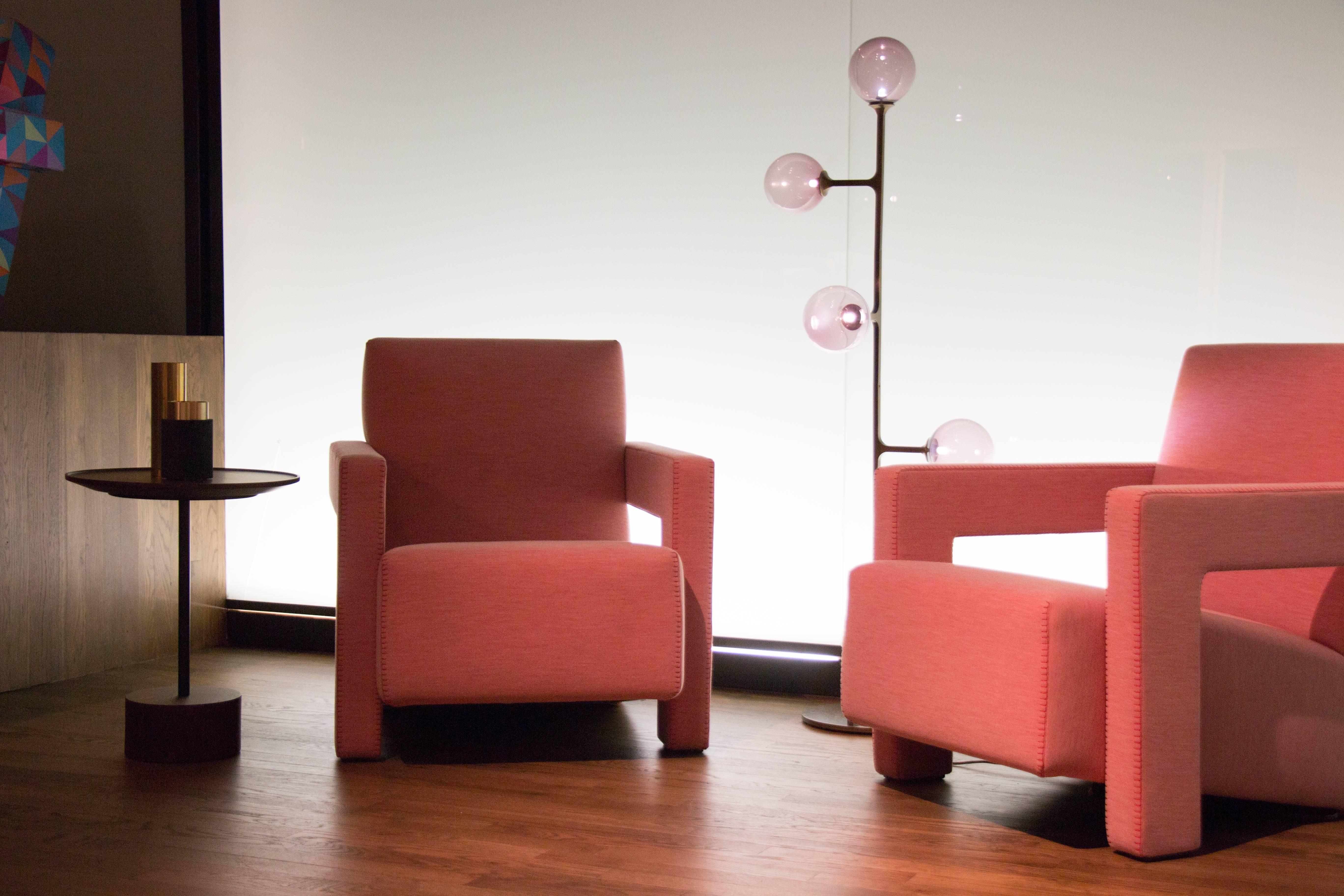 Contemporary HELIX Floor Lamp - Pink hand blown glass, light patinated brass