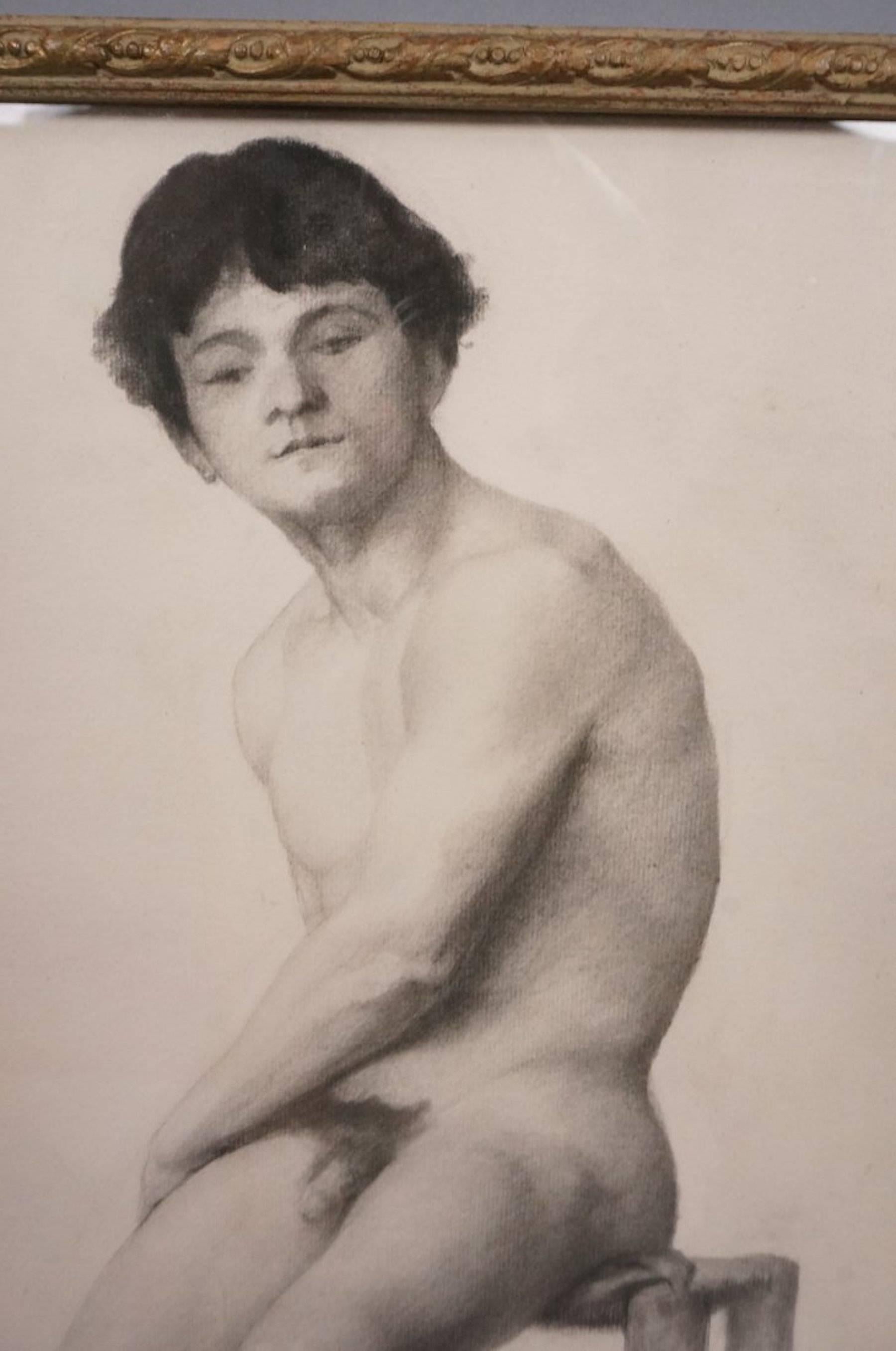 19th century male nude academic drawing, the figure seated right, unsigned, numbered 16/12- 82. Done in charcoal and or pencil, on paper.
 