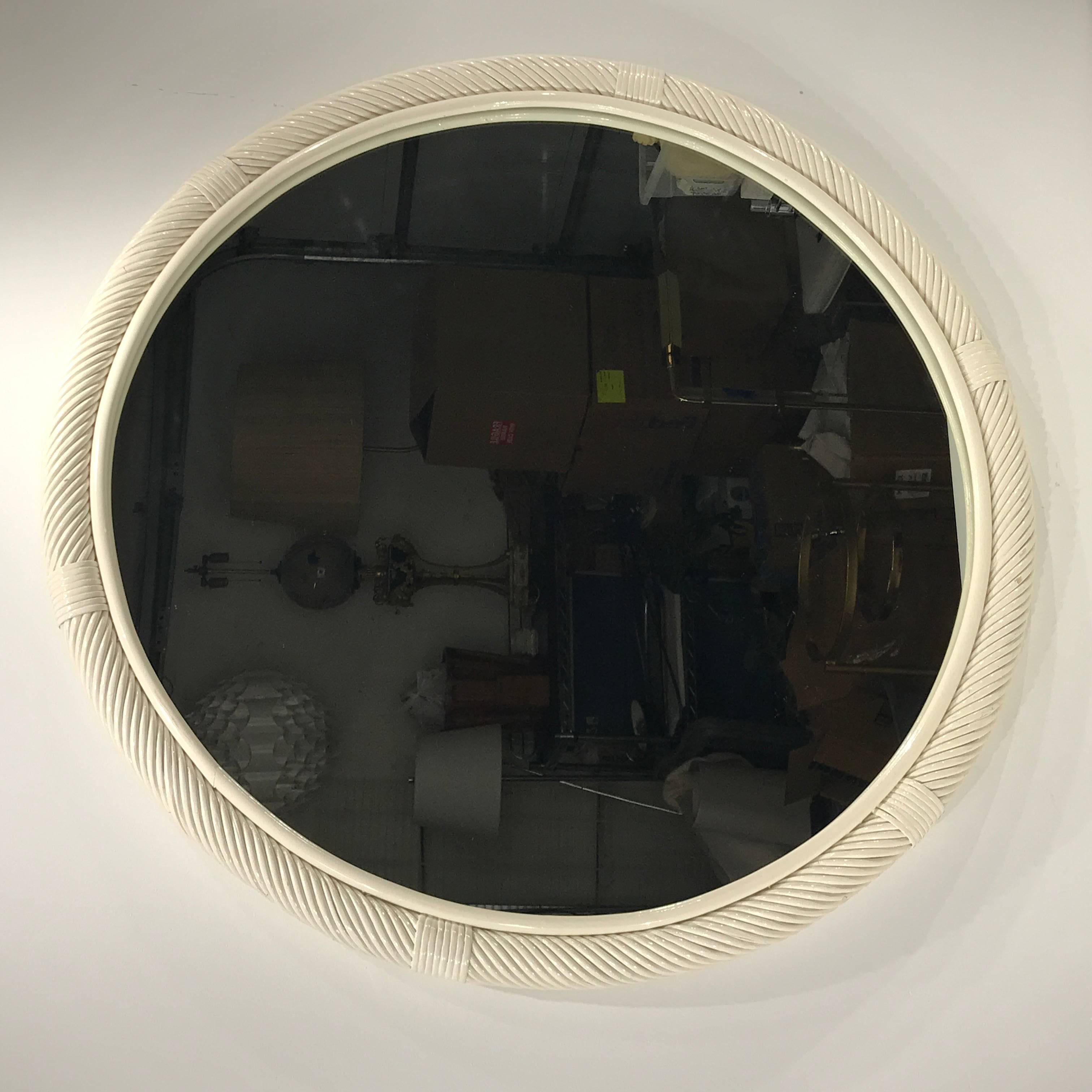 Mid-Century Modern Large Chinese White Lacquered Circular Rattan Mirror