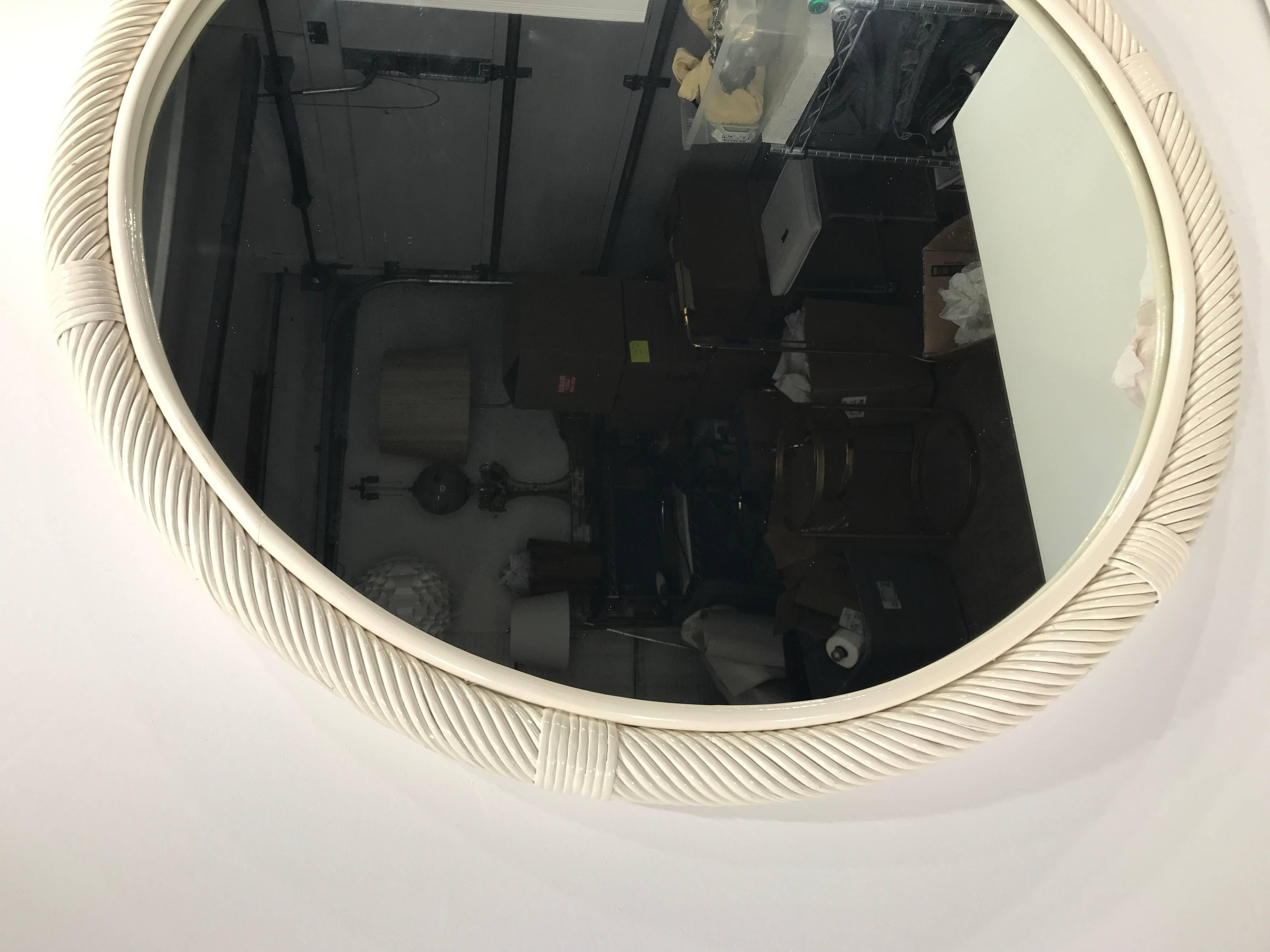 Large Chinese White Lacquered Circular Rattan Mirror 1
