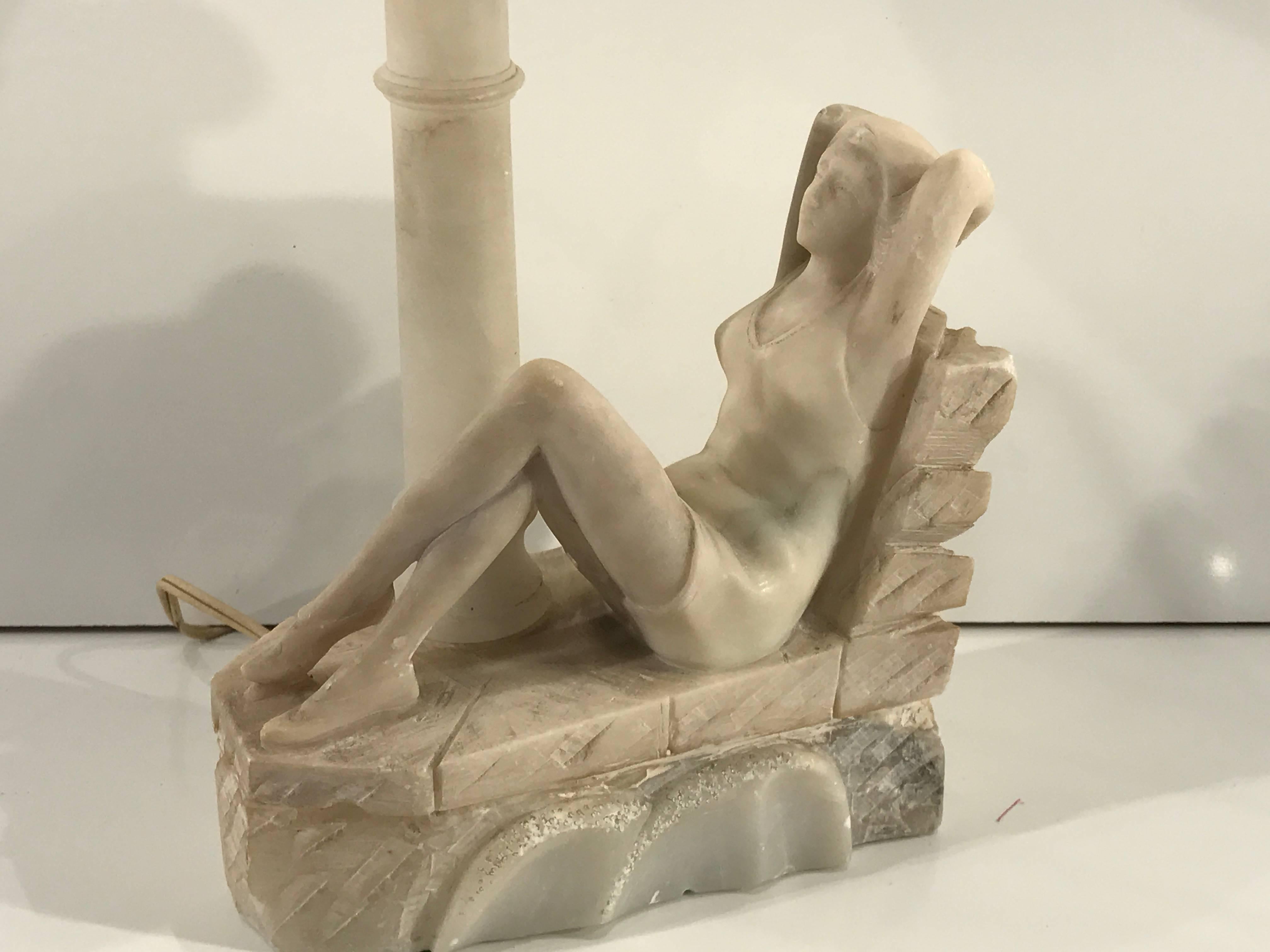 Art Deco Bathing Beauty Carved Alabaster and Marble Boudoir/Table Lamp In Good Condition In West Palm Beach, FL
