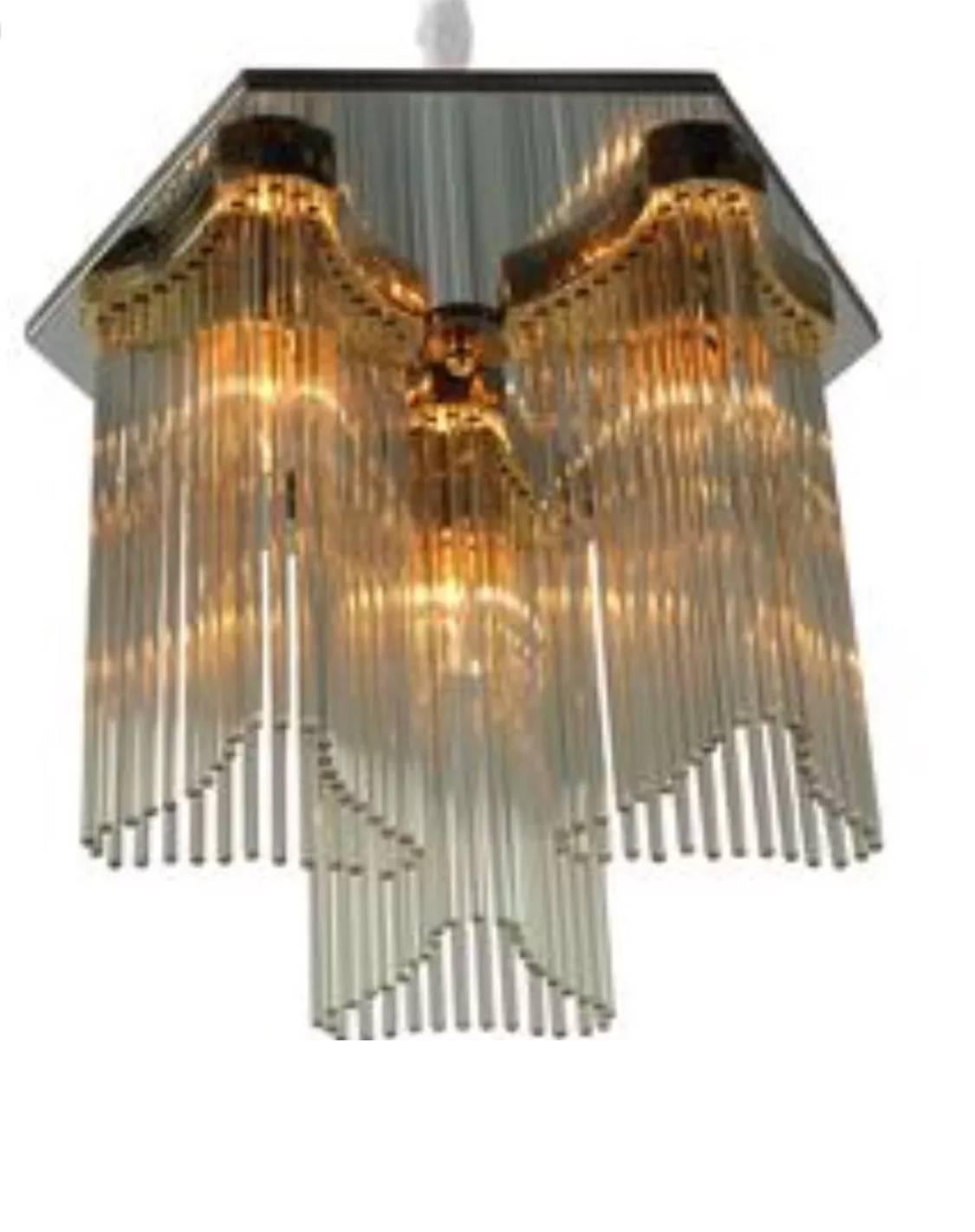 Sciolari triple lantern flush mount with glass rods, each one polished chrome top fitted with three brass-mounted hanging glass 12 inch rod 