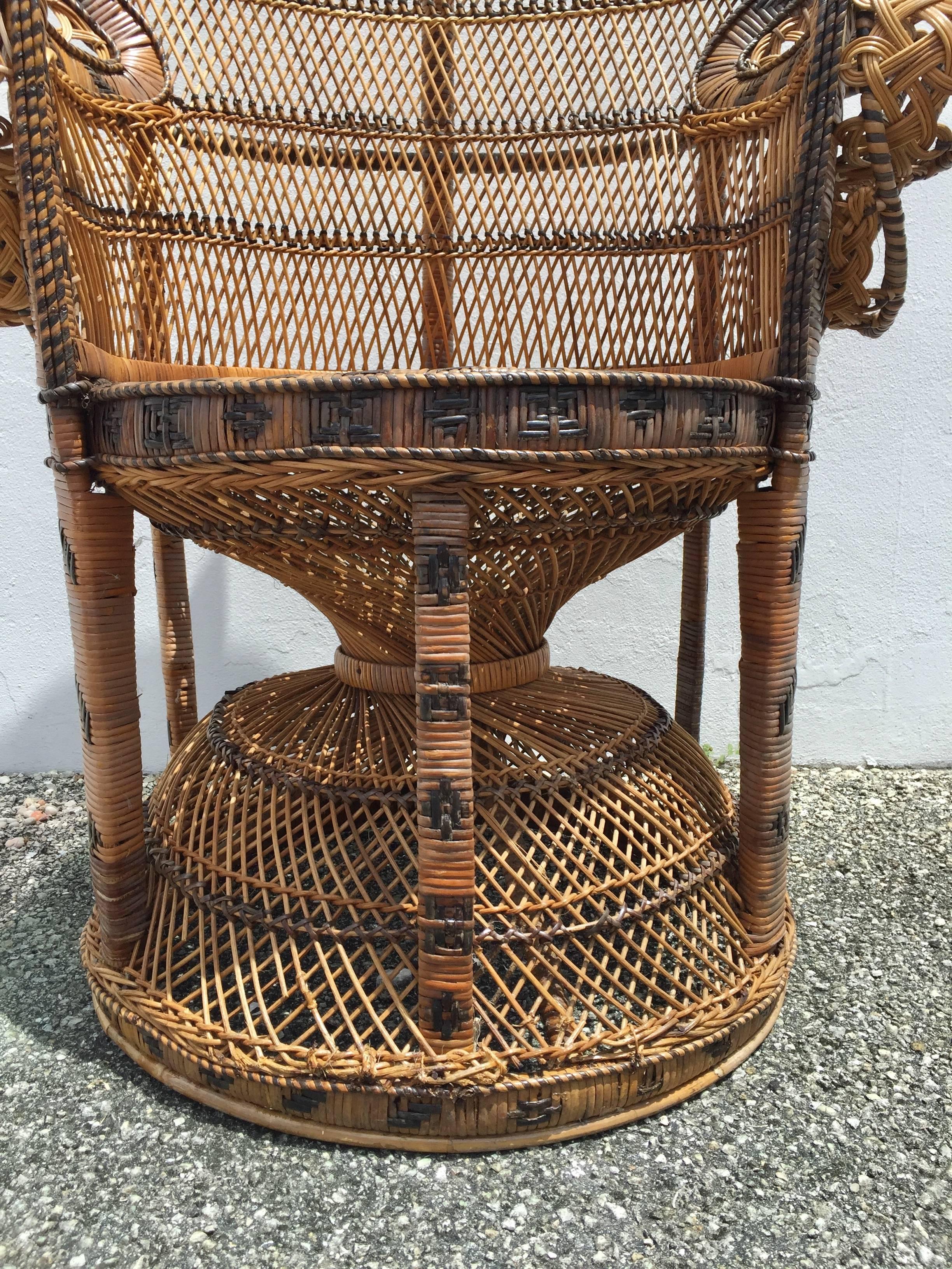 Asian Iconic Rattan Two-Color Emmanuel Peacock Chair & Garden Seat, Restored