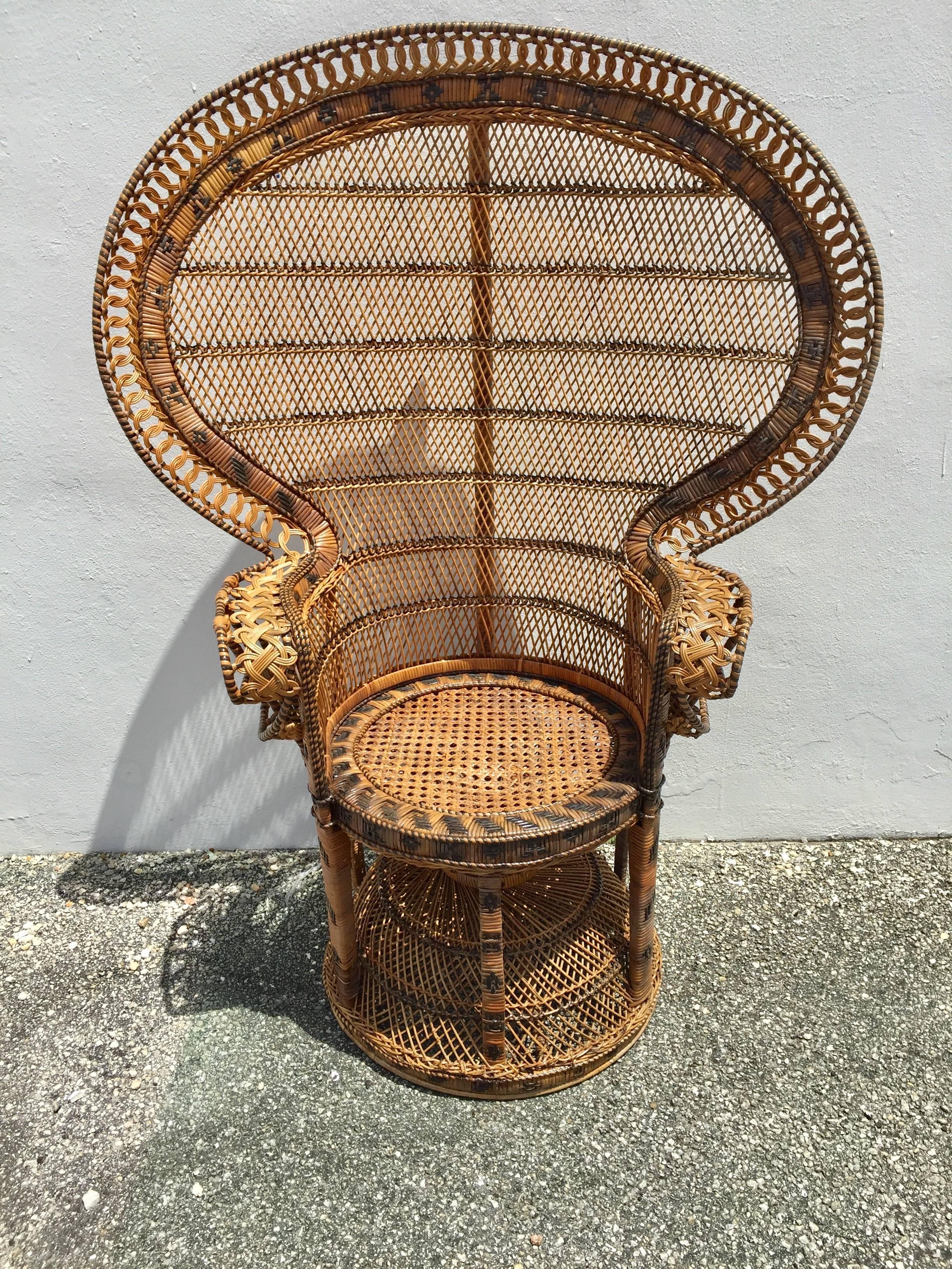  Iconic rattan two-color peacock chair and garden seat, restored
the garden seat measures 15" D x 18" H.
      