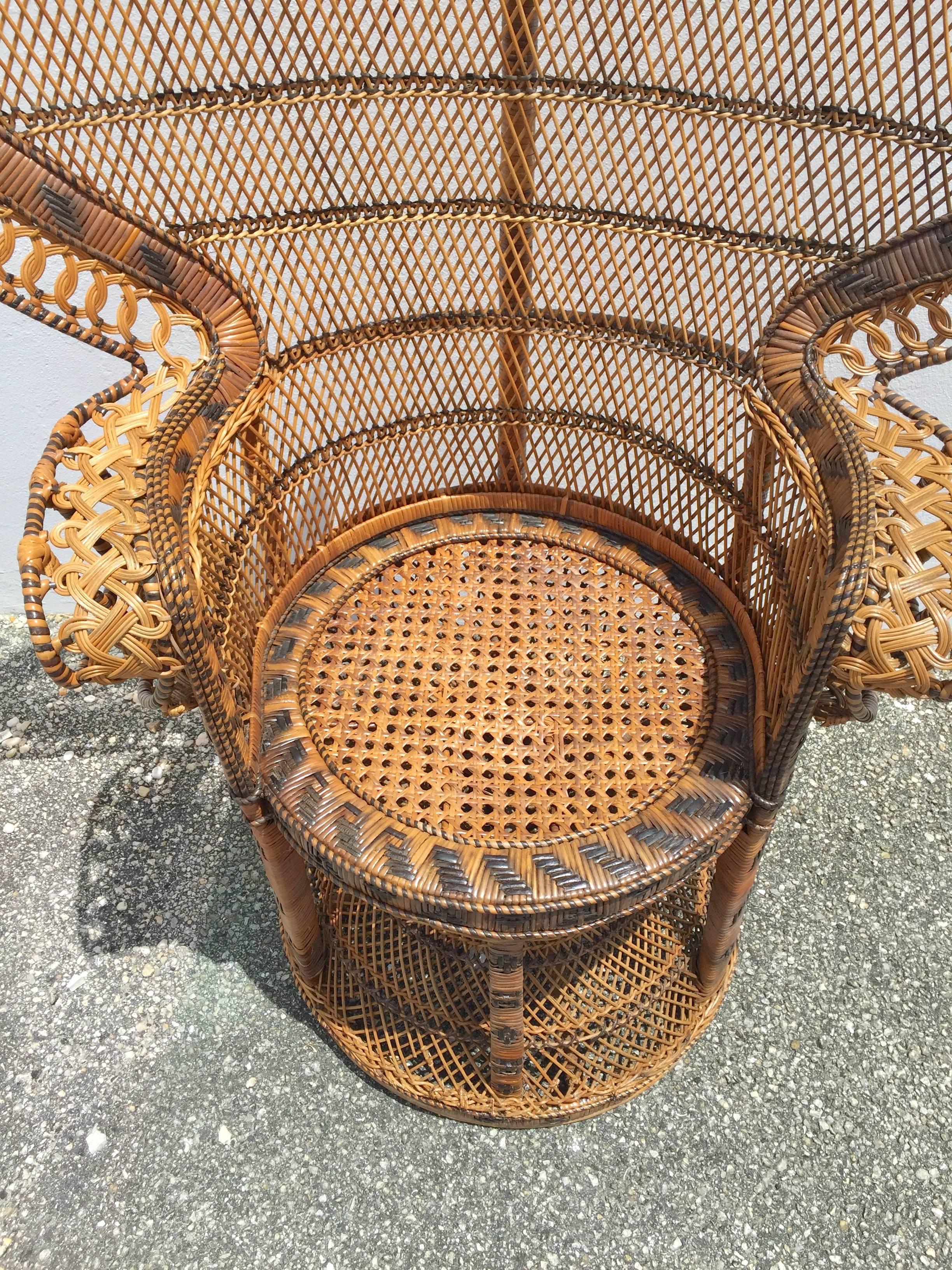 Mid-Century Modern Iconic Rattan Two-Color Emmanuel Peacock Chair & Garden Seat, Restored