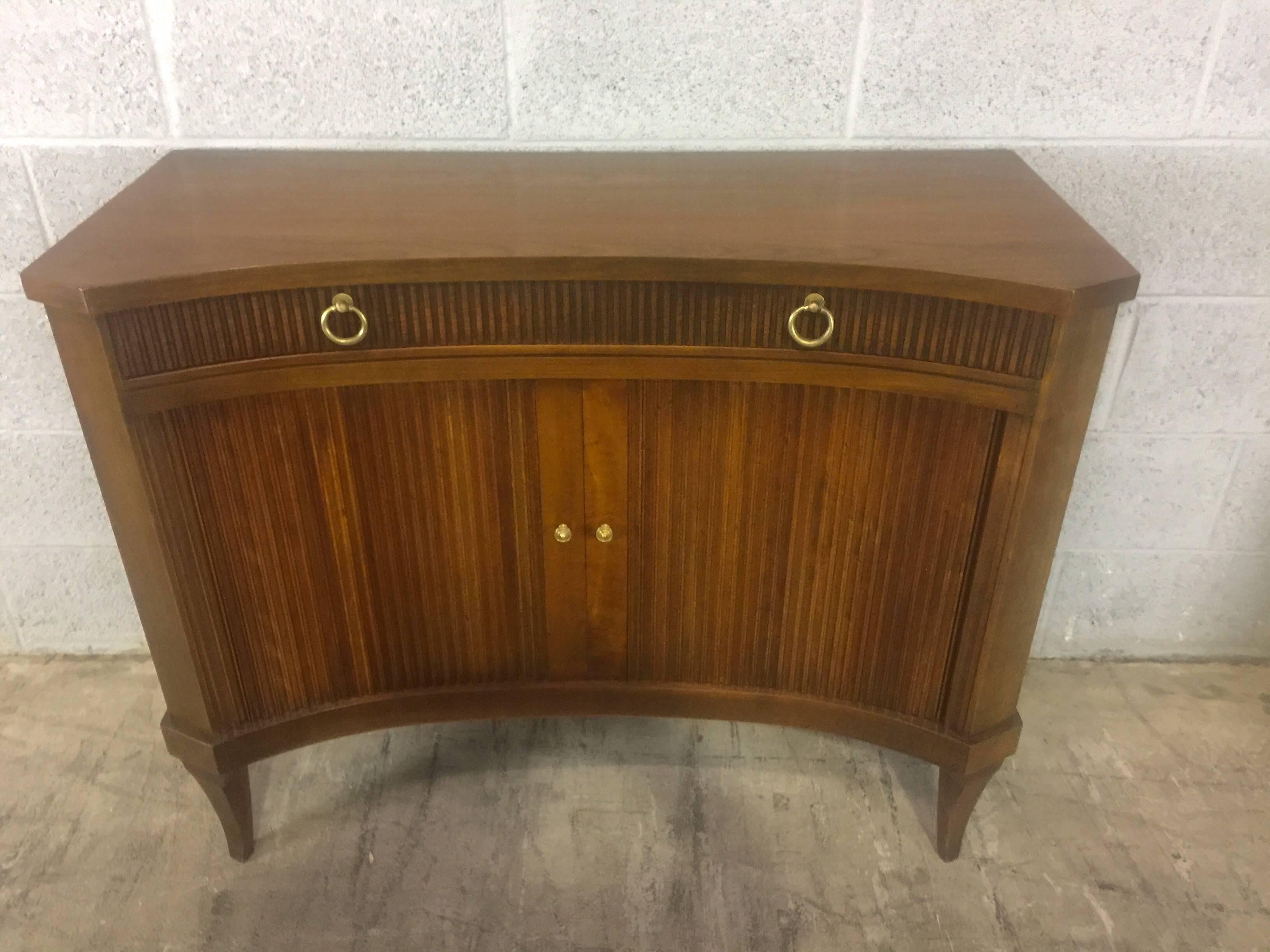 Mid-Century Modern Pair of Baker Reeded Tambour Bow Front Commodes