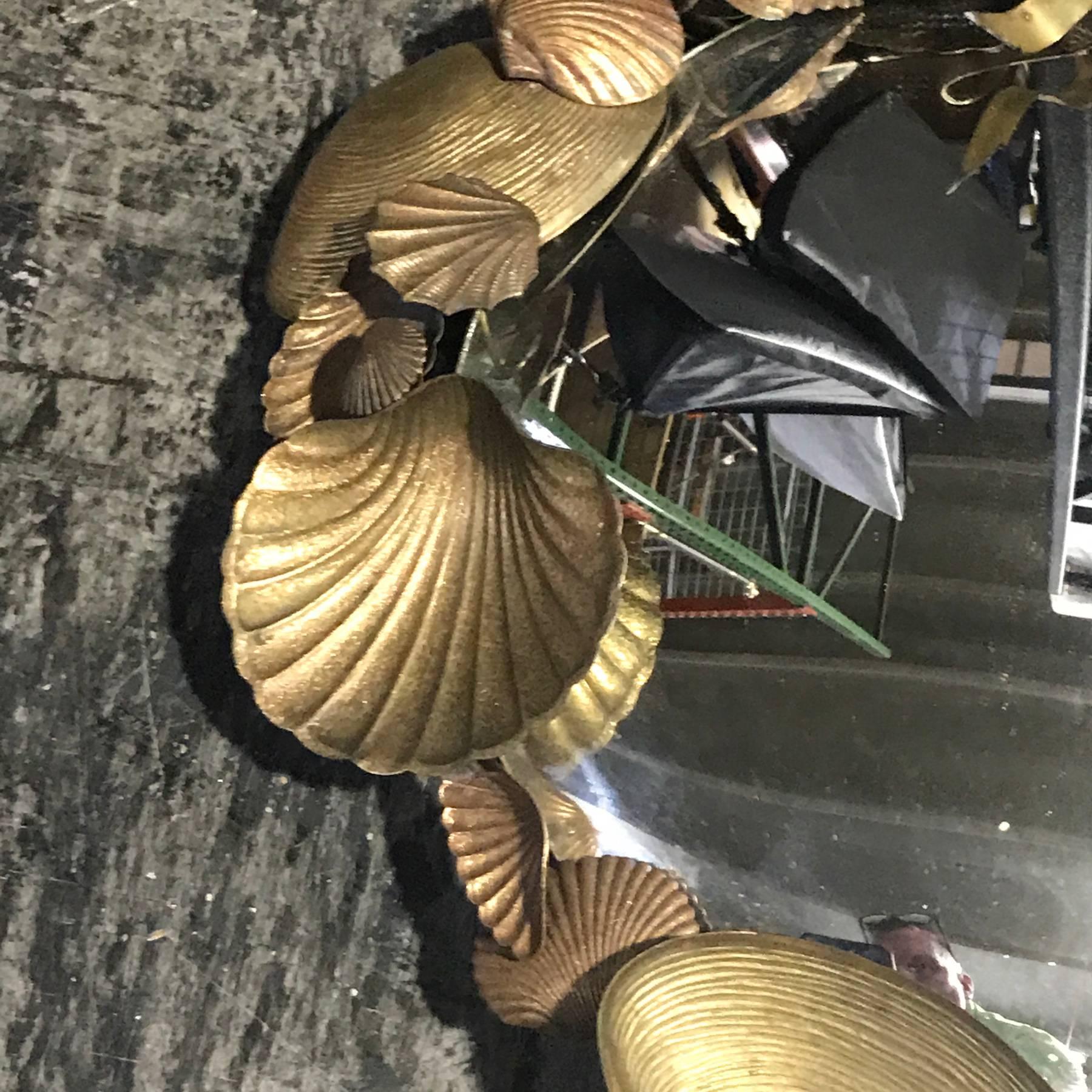 Pair of French Brass Shell Motif Convex Mirrors In Distressed Condition In West Palm Beach, FL