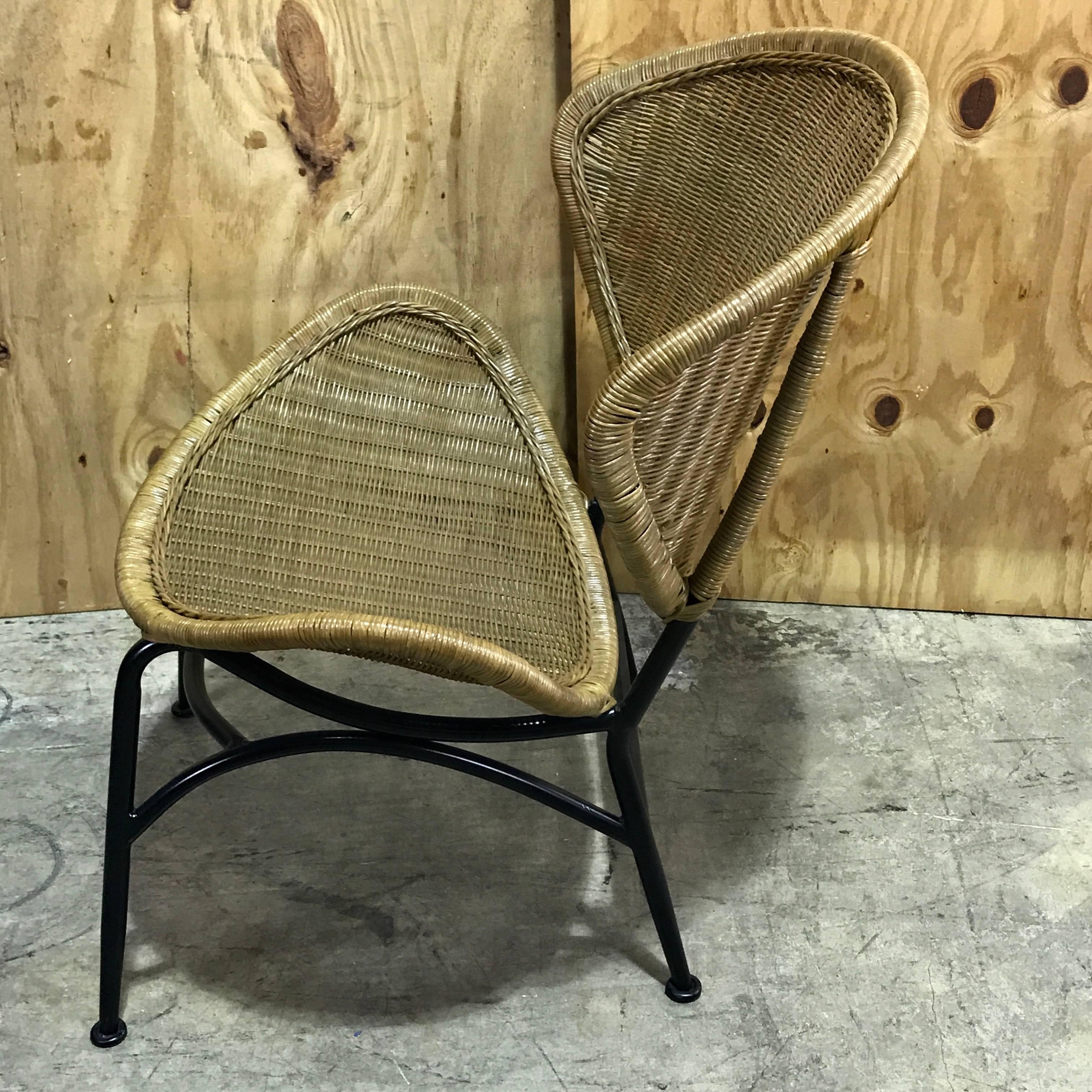 Willow Pair of Midcentury Crescent Shaped Wicker Lounge Chairs, Restored