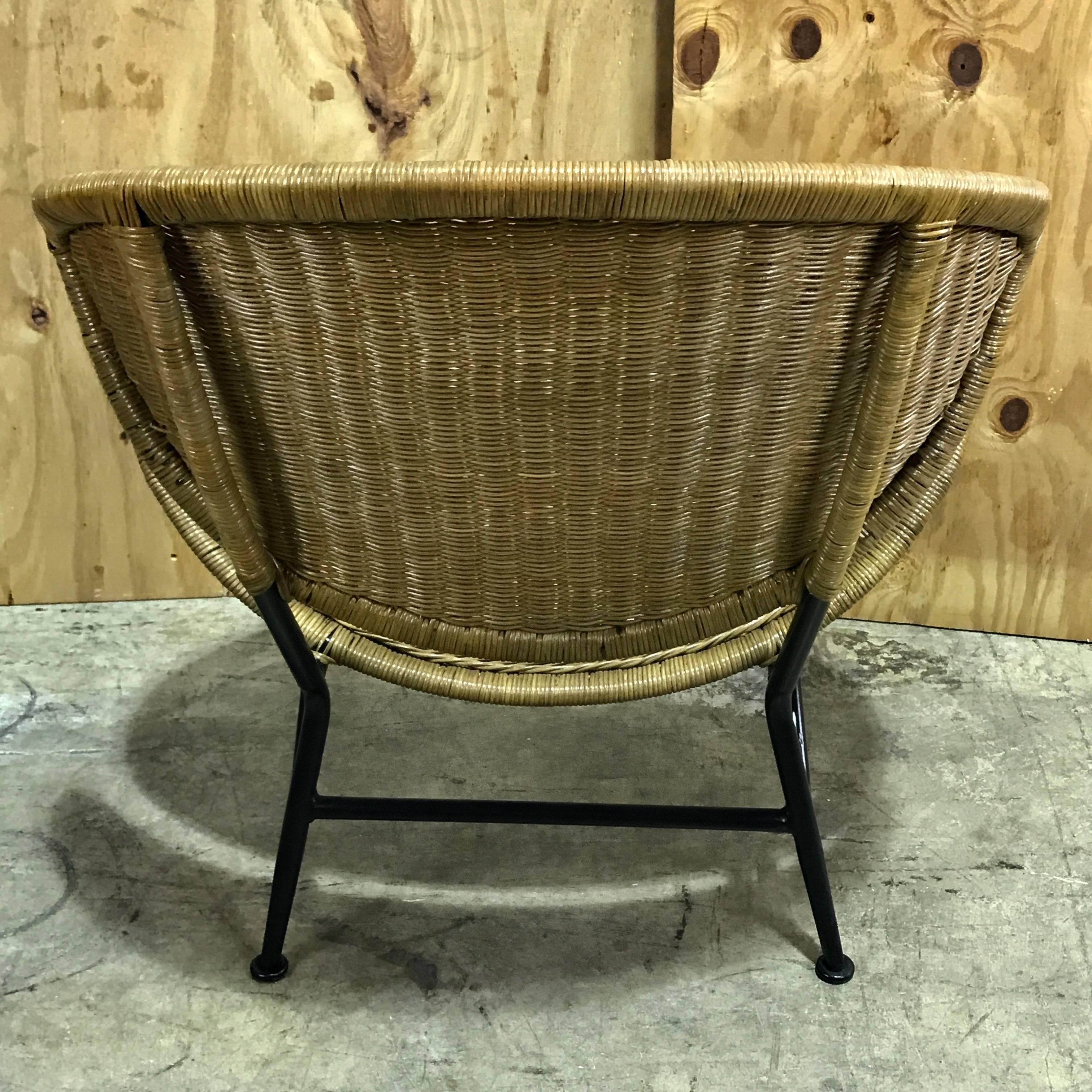 20th Century Pair of Midcentury Crescent Shaped Wicker Lounge Chairs, Restored