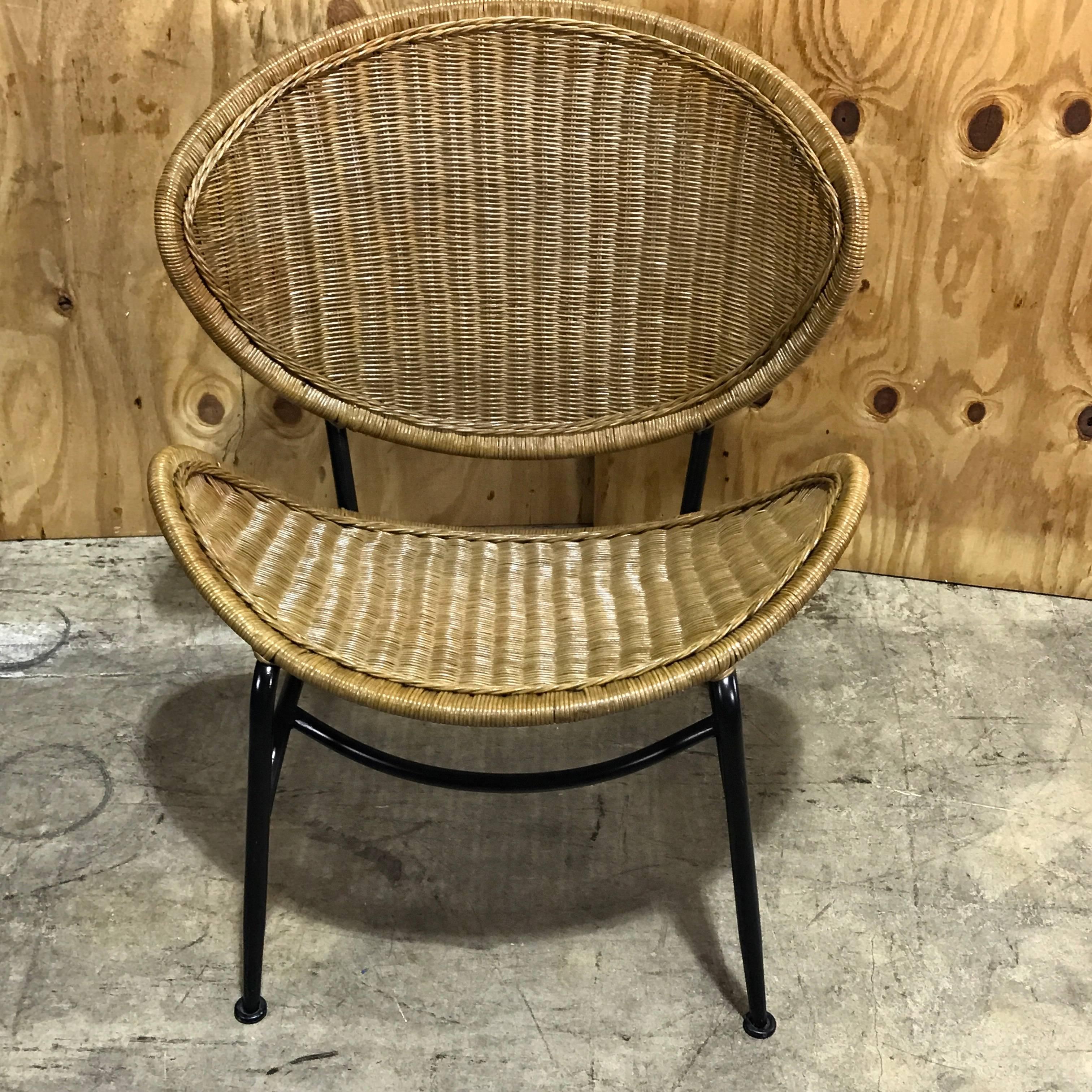 Pair of Midcentury Crescent Shaped Wicker Lounge Chairs, Restored 1