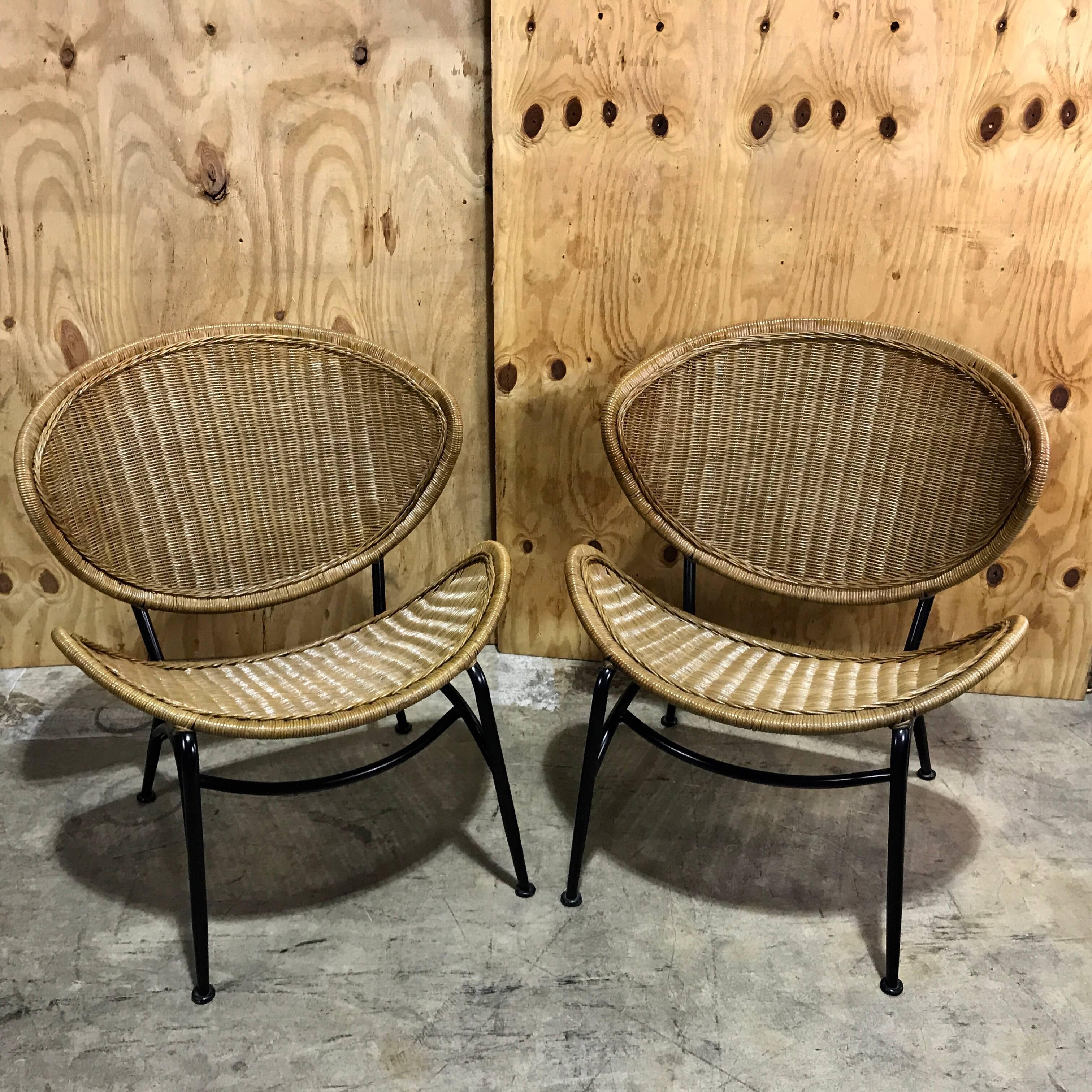 Mid-Century Modern Pair of Midcentury Crescent Shaped Wicker Lounge Chairs, Restored
