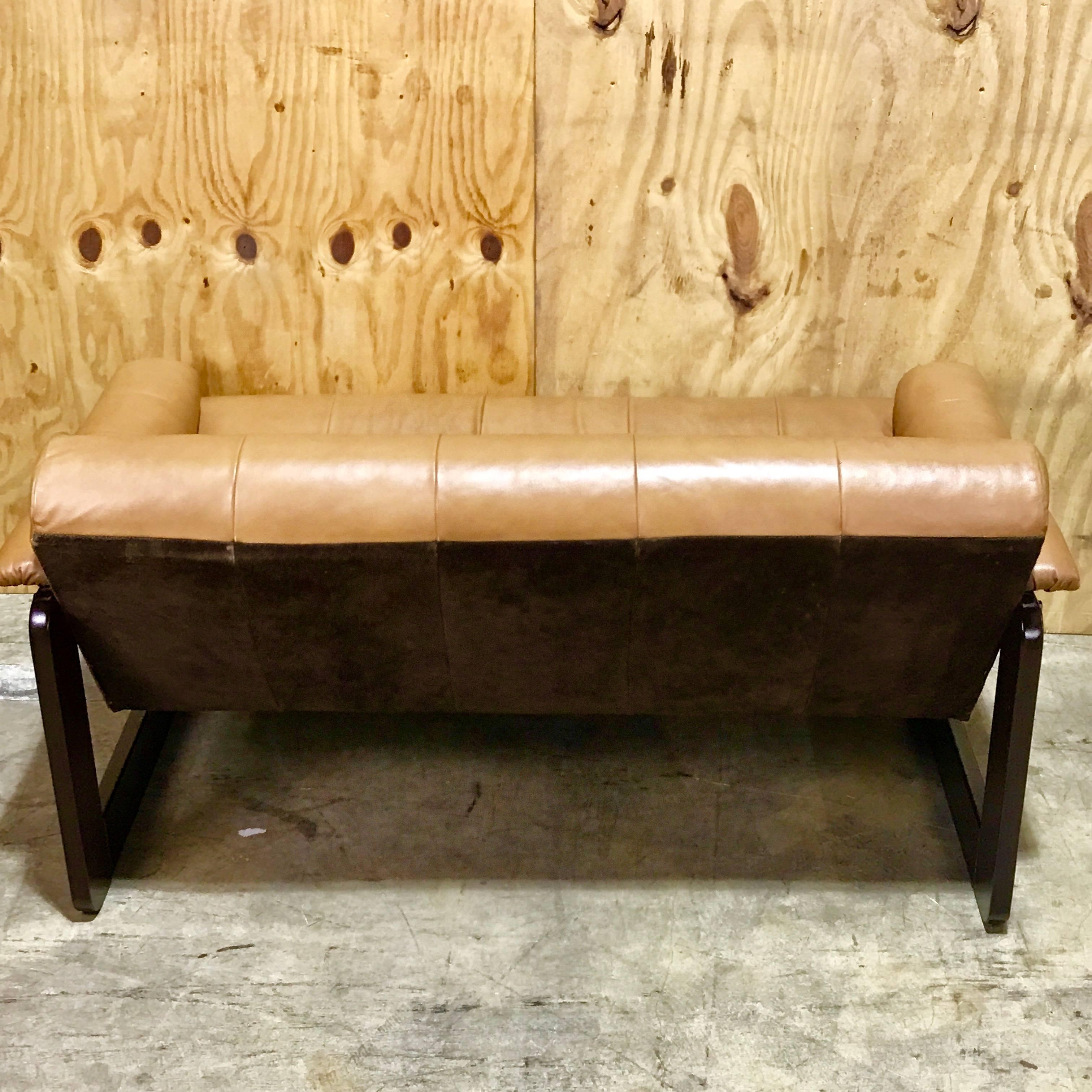 Brazilian Rosewood and Camel Leather Loveseat by Percival Lafer 1