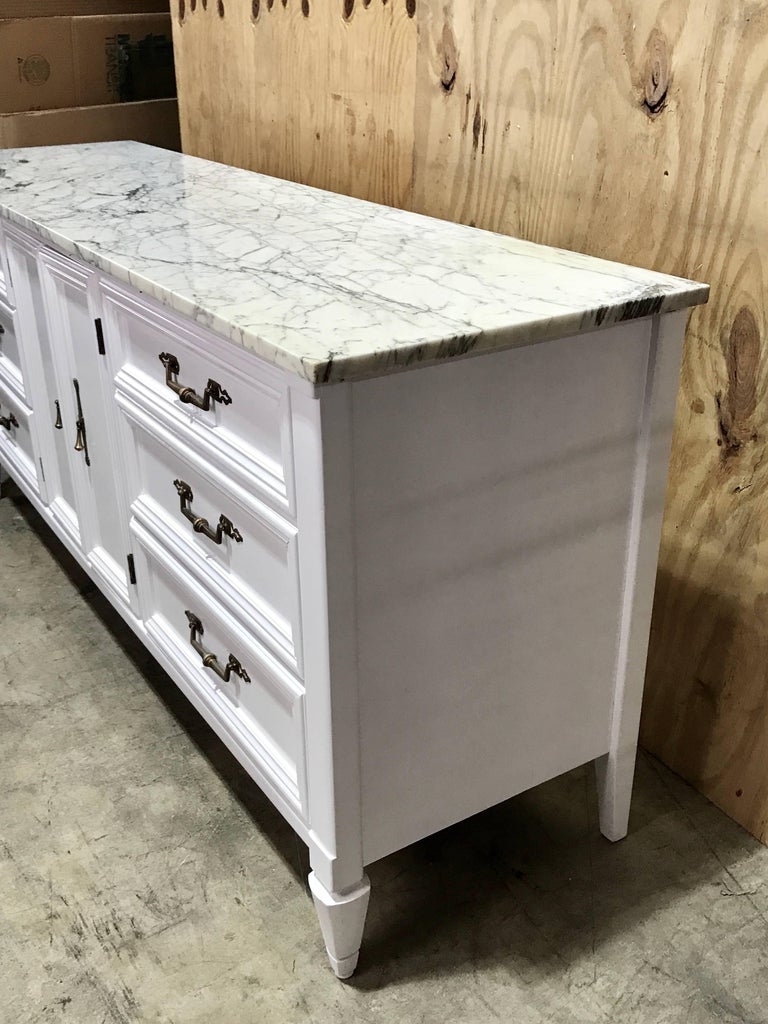 Parzinger Style White Lacquered MarbleTop Credenza or Sideboard For