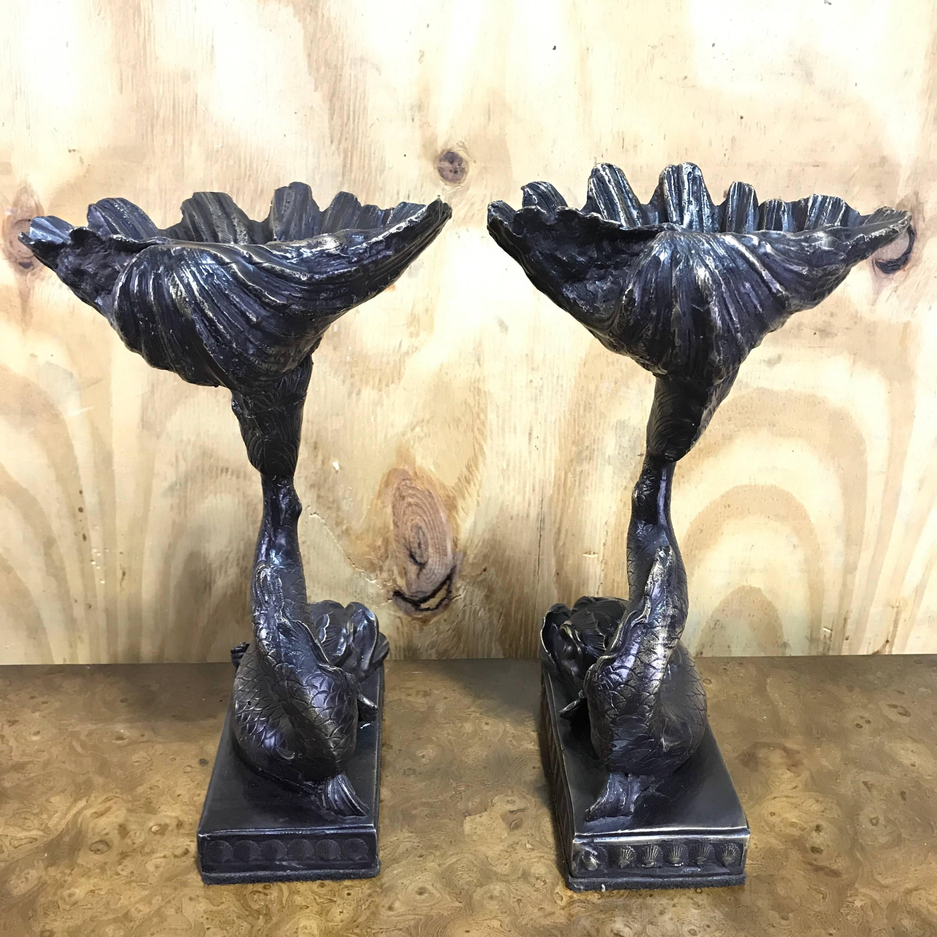 Renaissance Pair of Italian Bronze Dolphin and Shell Motif Tazza