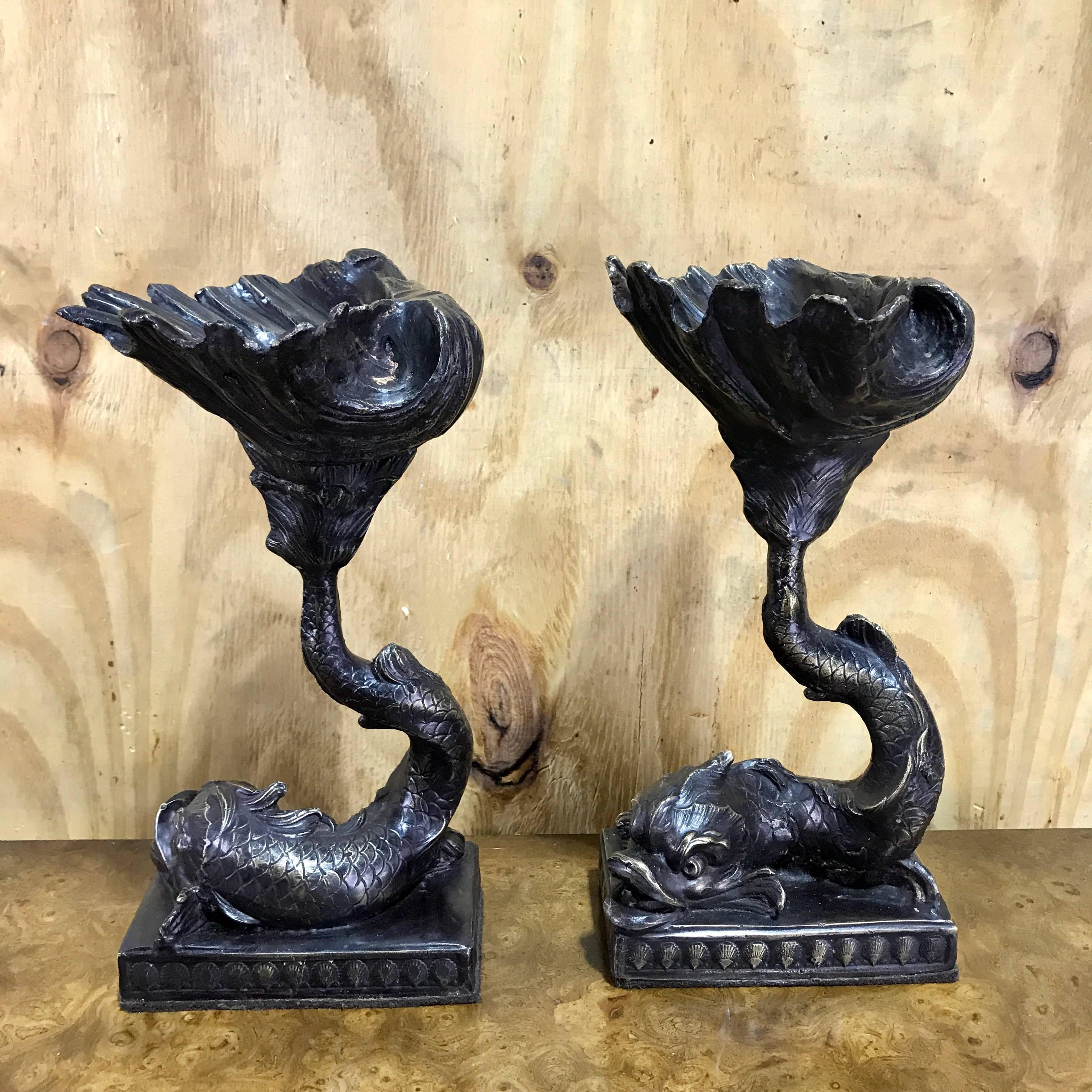 Pair of Italian Bronze Dolphin and Shell Motif Tazza In Excellent Condition In West Palm Beach, FL