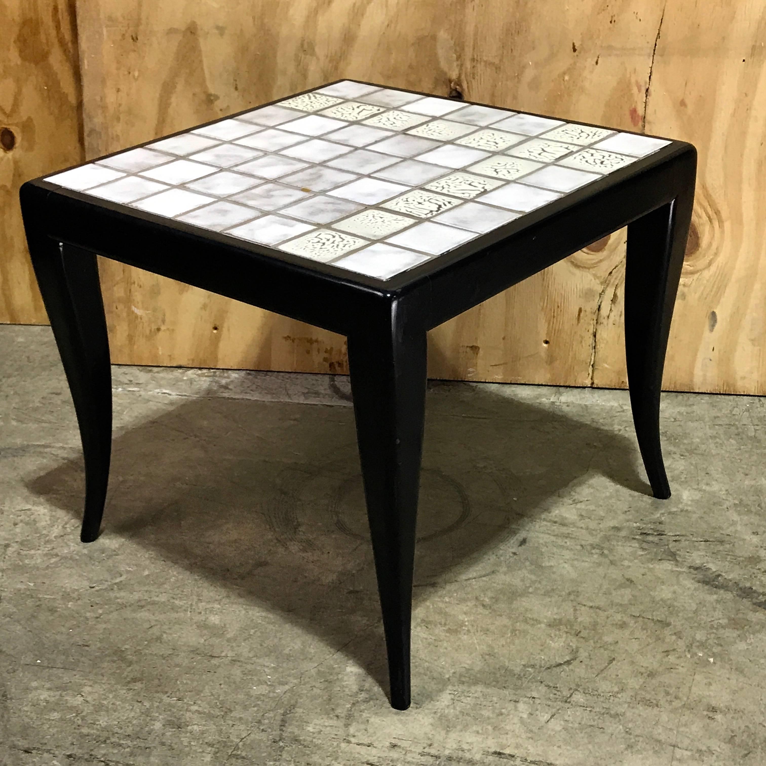 Ebonized Italian Midcentury White Tiled Side Table