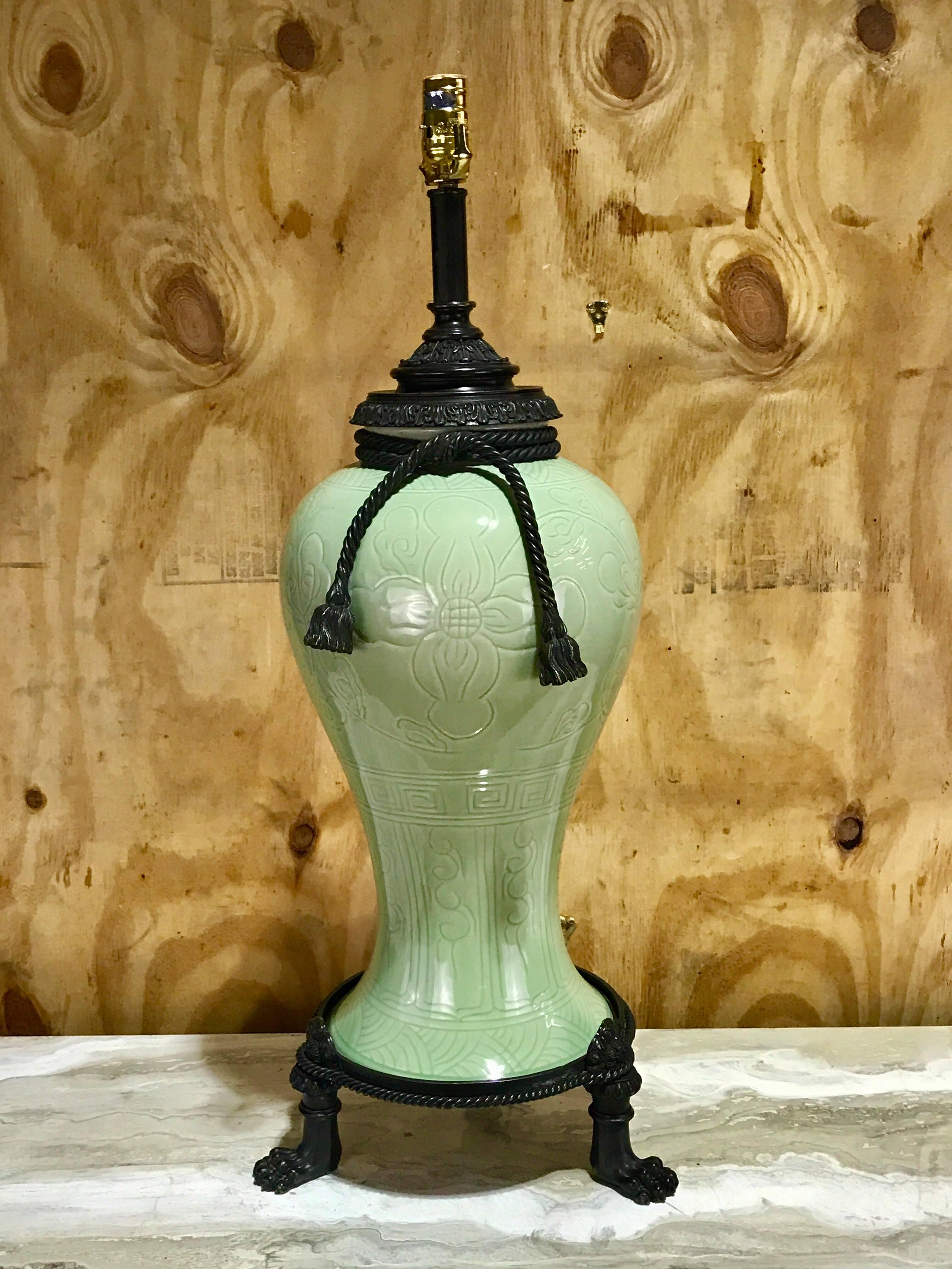 Asian Large Pair of Chinese Celadon Bronze-Mounted Lamps