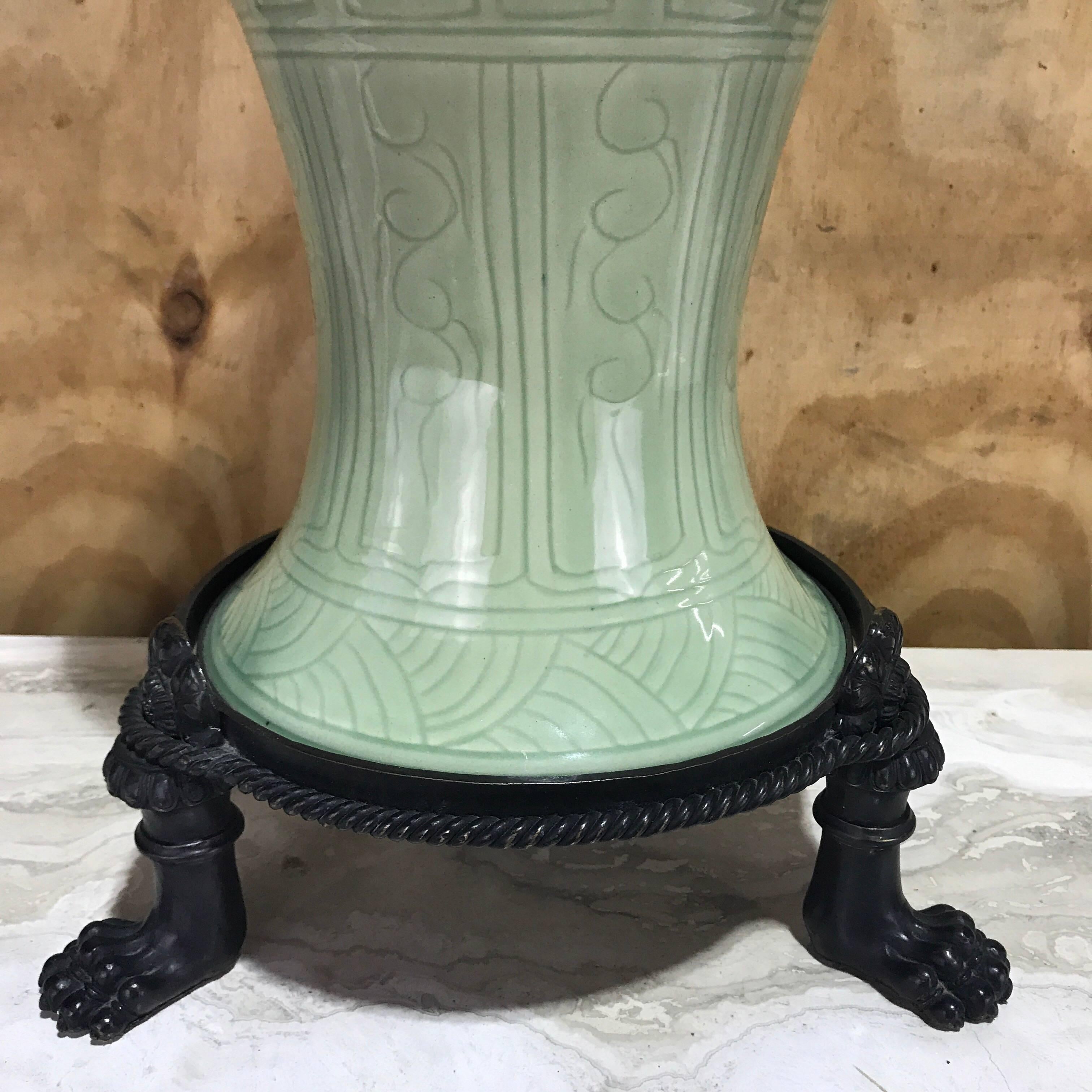 20th Century Large Pair of Chinese Celadon Bronze-Mounted Lamps