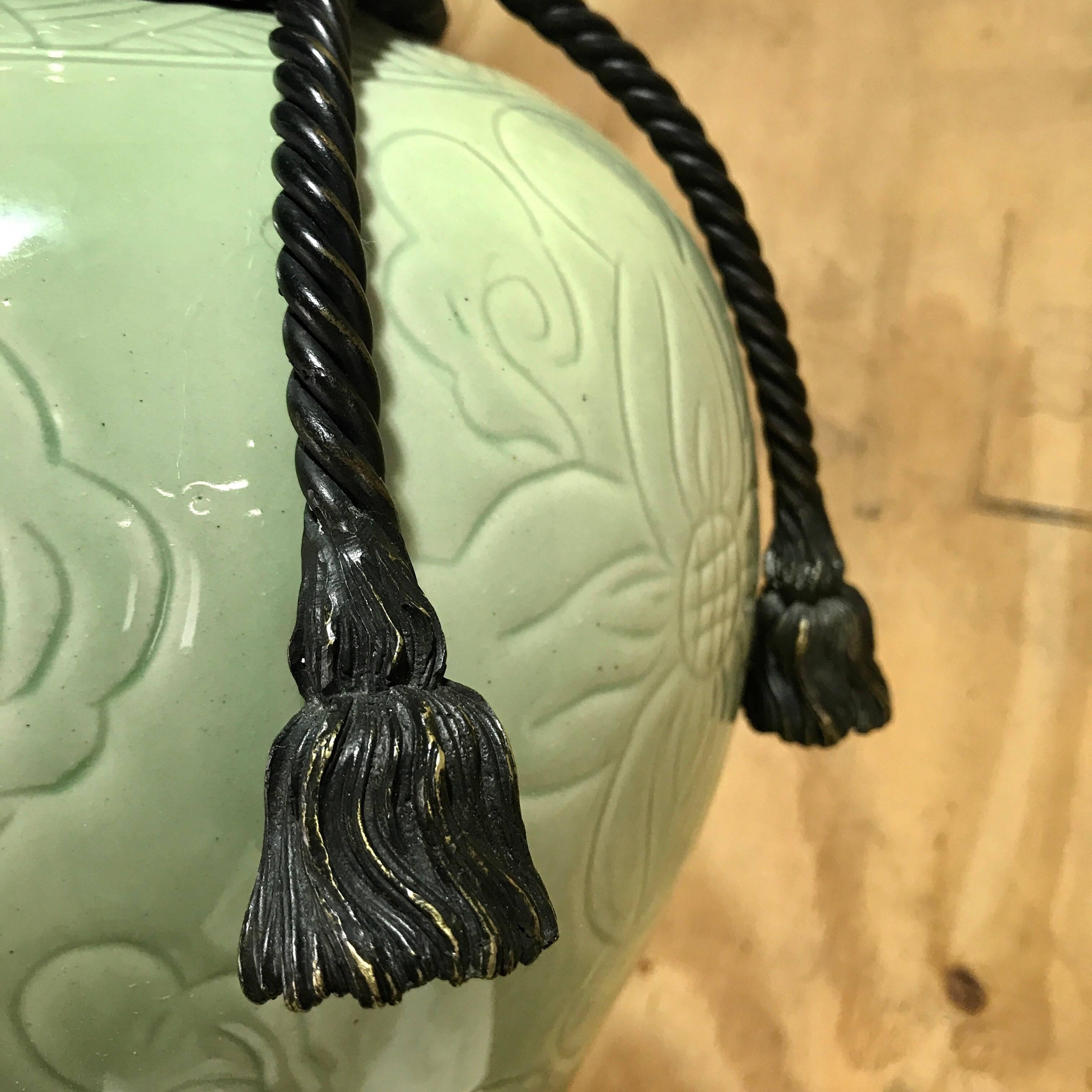 Large Pair of Chinese Celadon Bronze-Mounted Lamps In Good Condition In West Palm Beach, FL