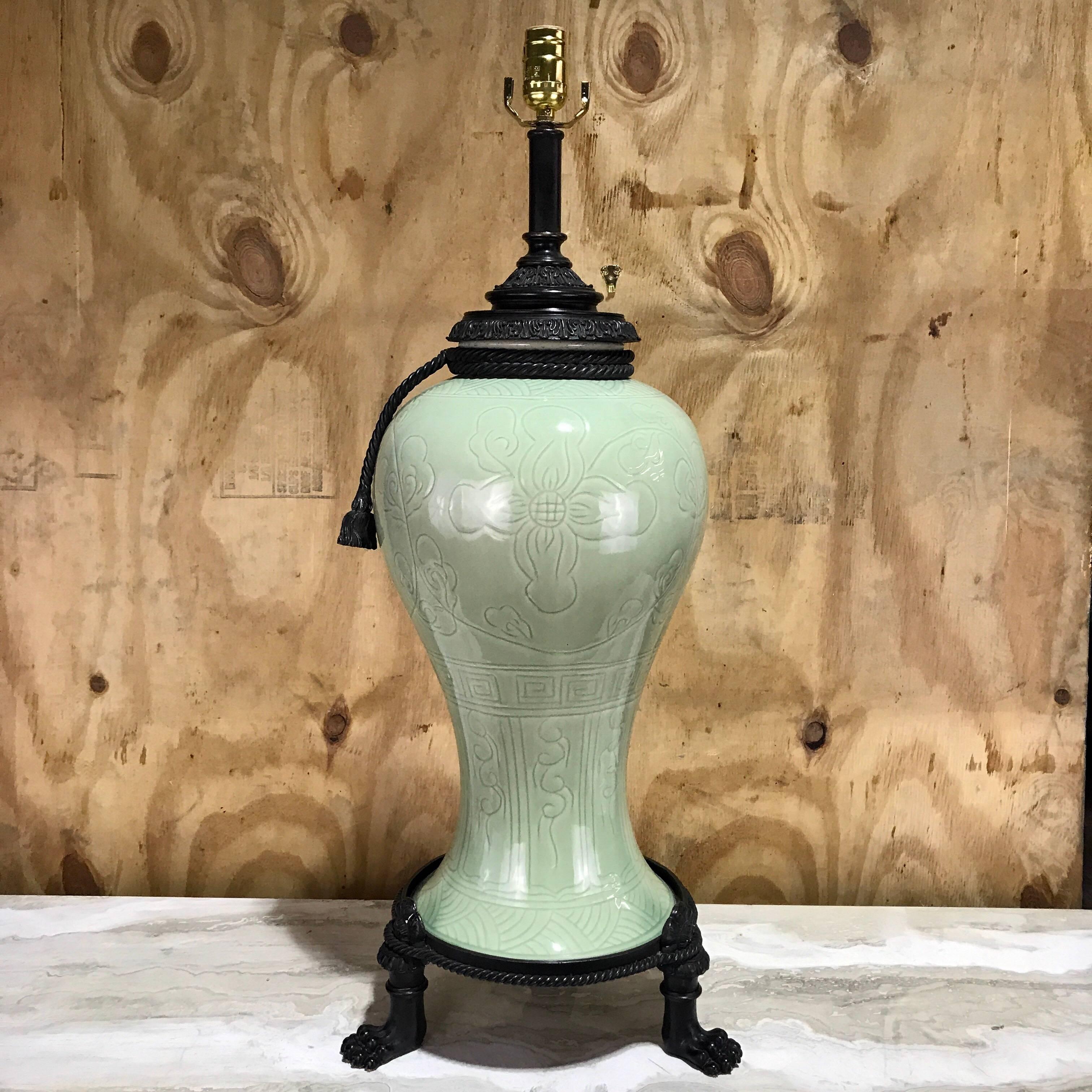 Large Pair of Chinese Celadon Bronze-Mounted Lamps 2